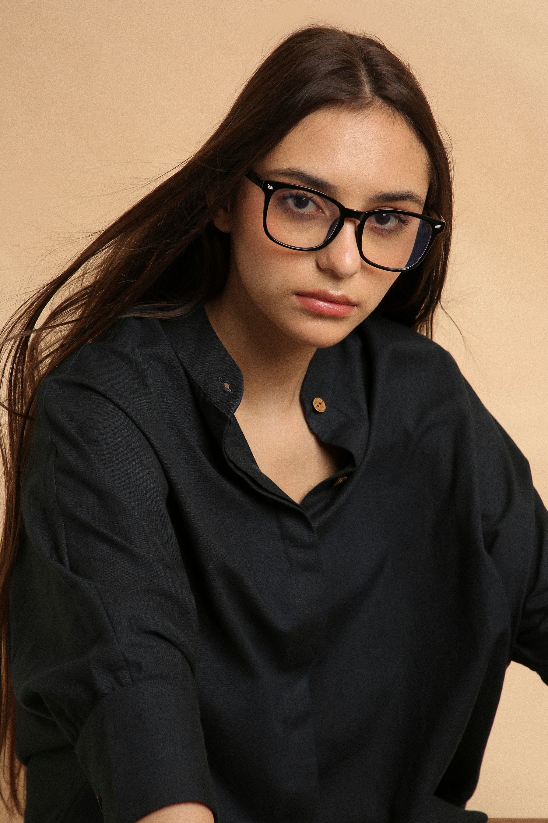 Handspun cotton anti-fit oversized shirt in charcoal with mandarin collar and full button opening, by MATI India