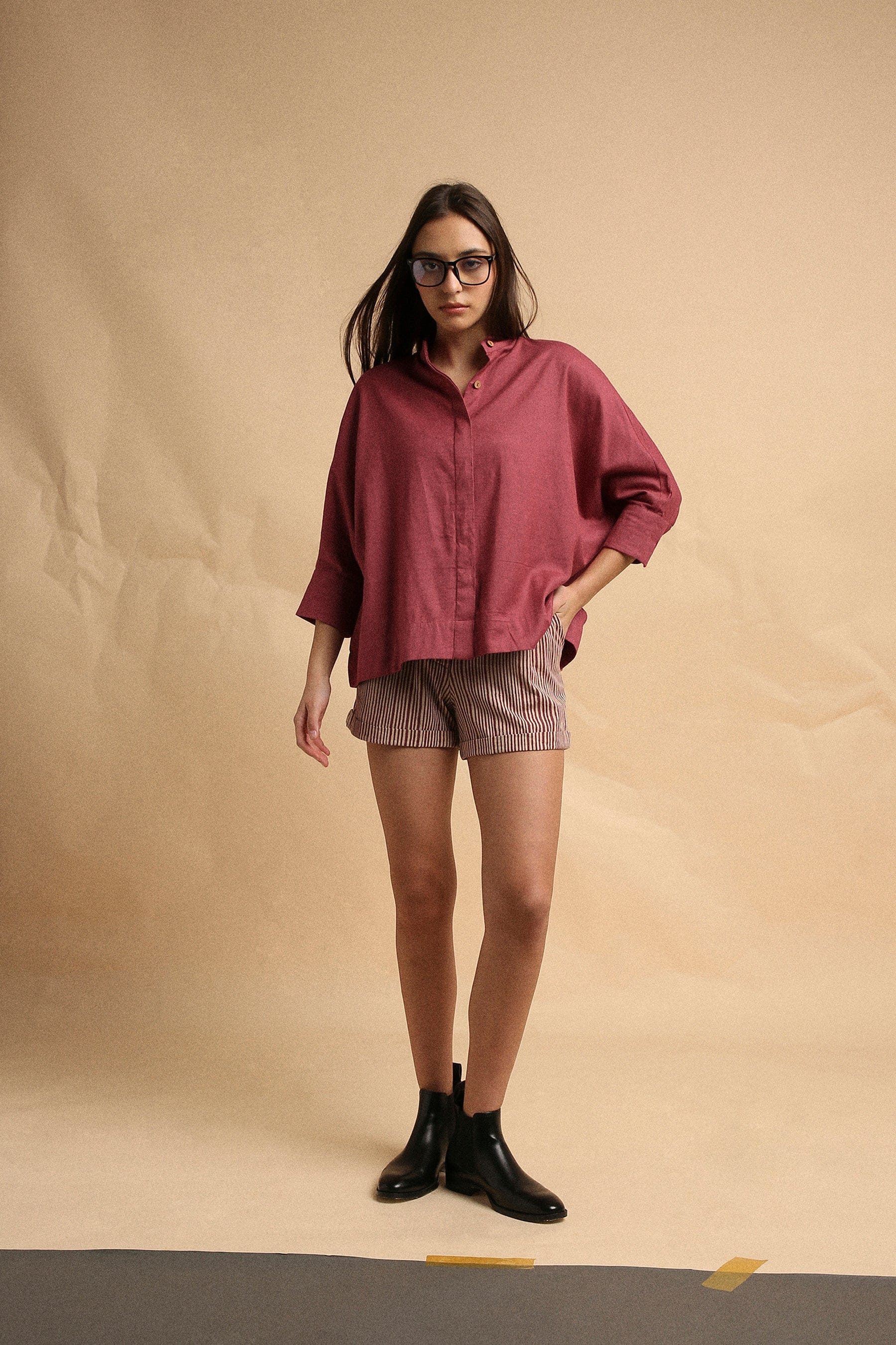 Handspun cotton anti-fit oversized shirt in mauve with mandarin collar and full button opening, by MATI India