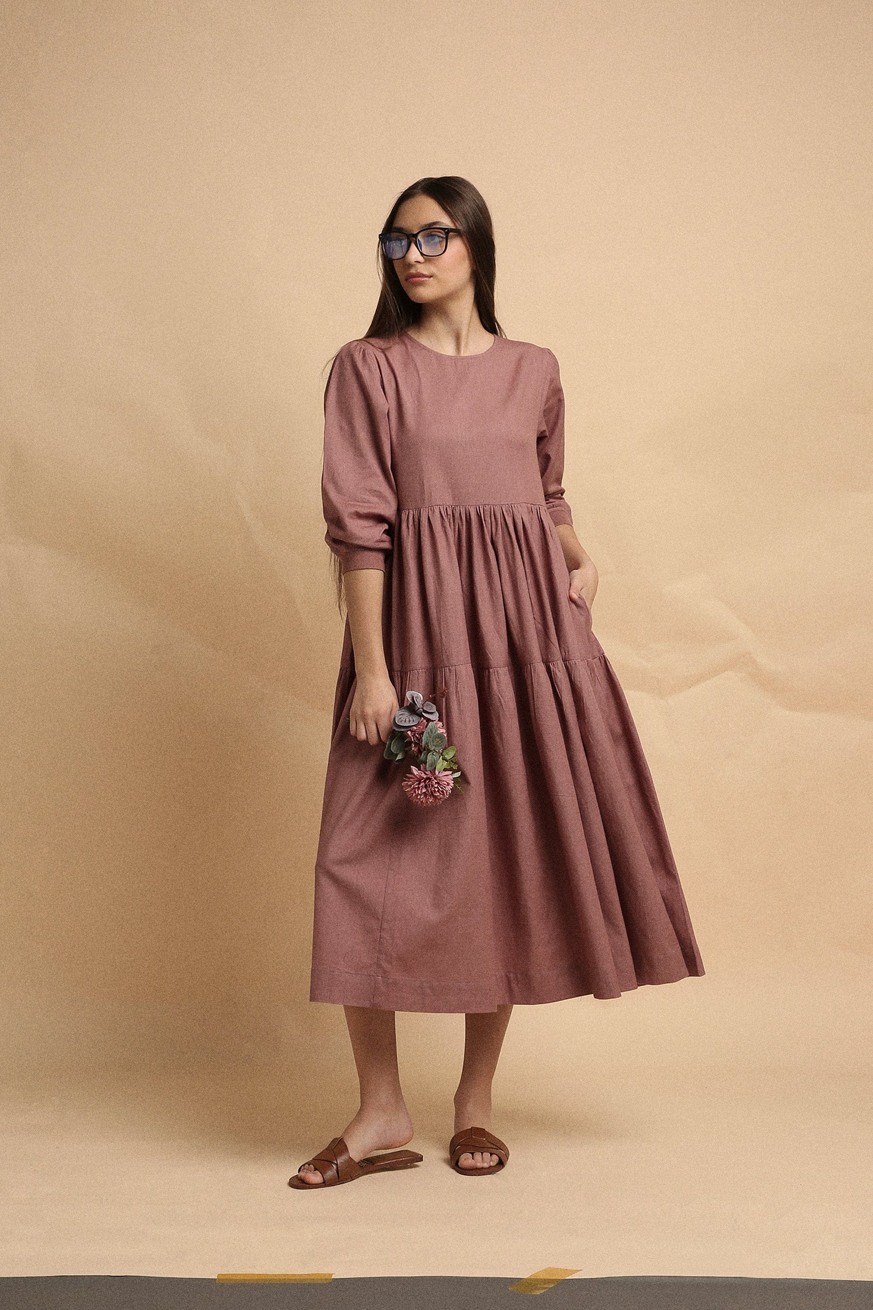 Handspun cotton tiered Vasara rib dress in blush with side pockets and wooden button opening, by MATI India