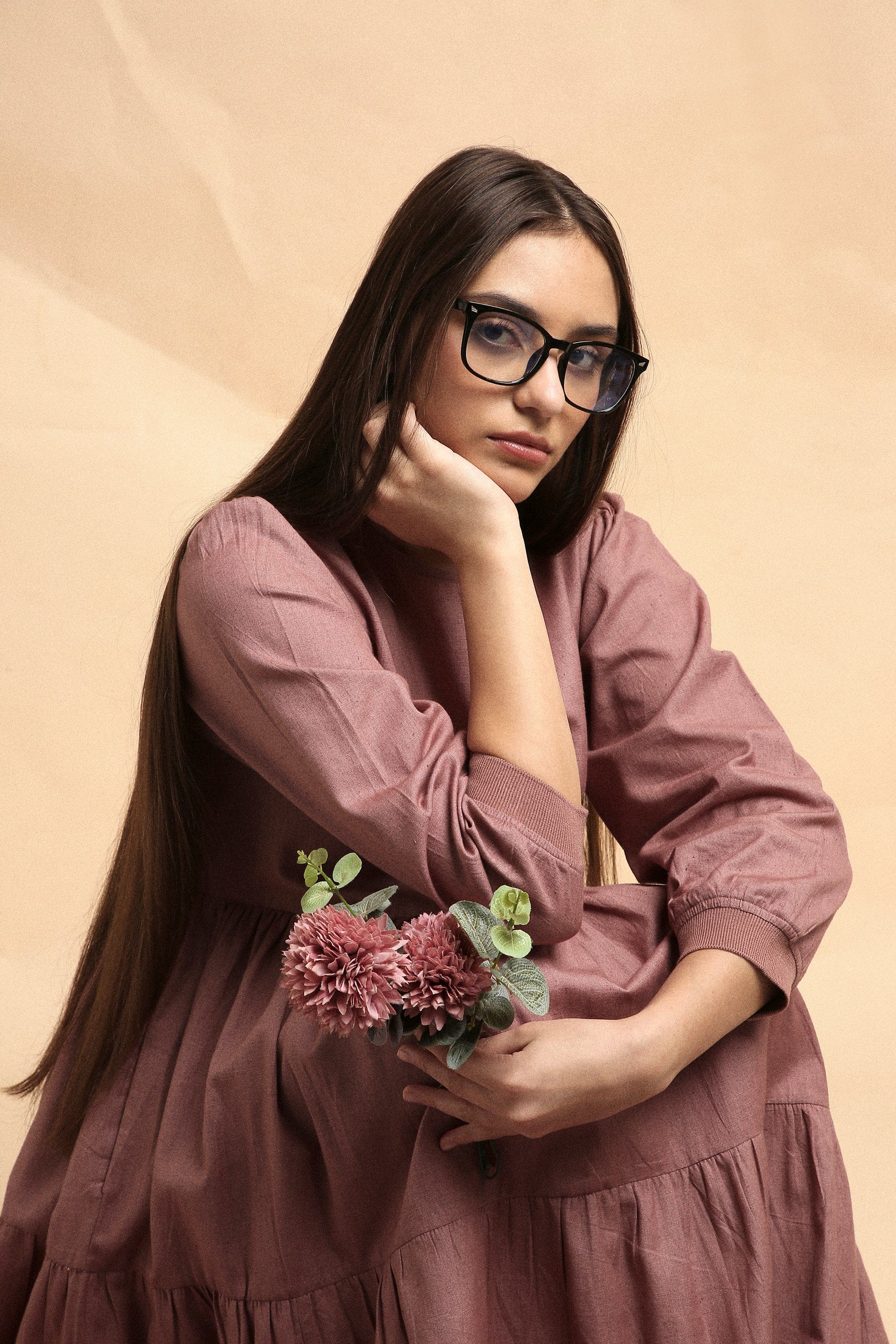 Handspun cotton tiered Vasara rib dress in blush with side pockets and wooden button opening, by MATI India