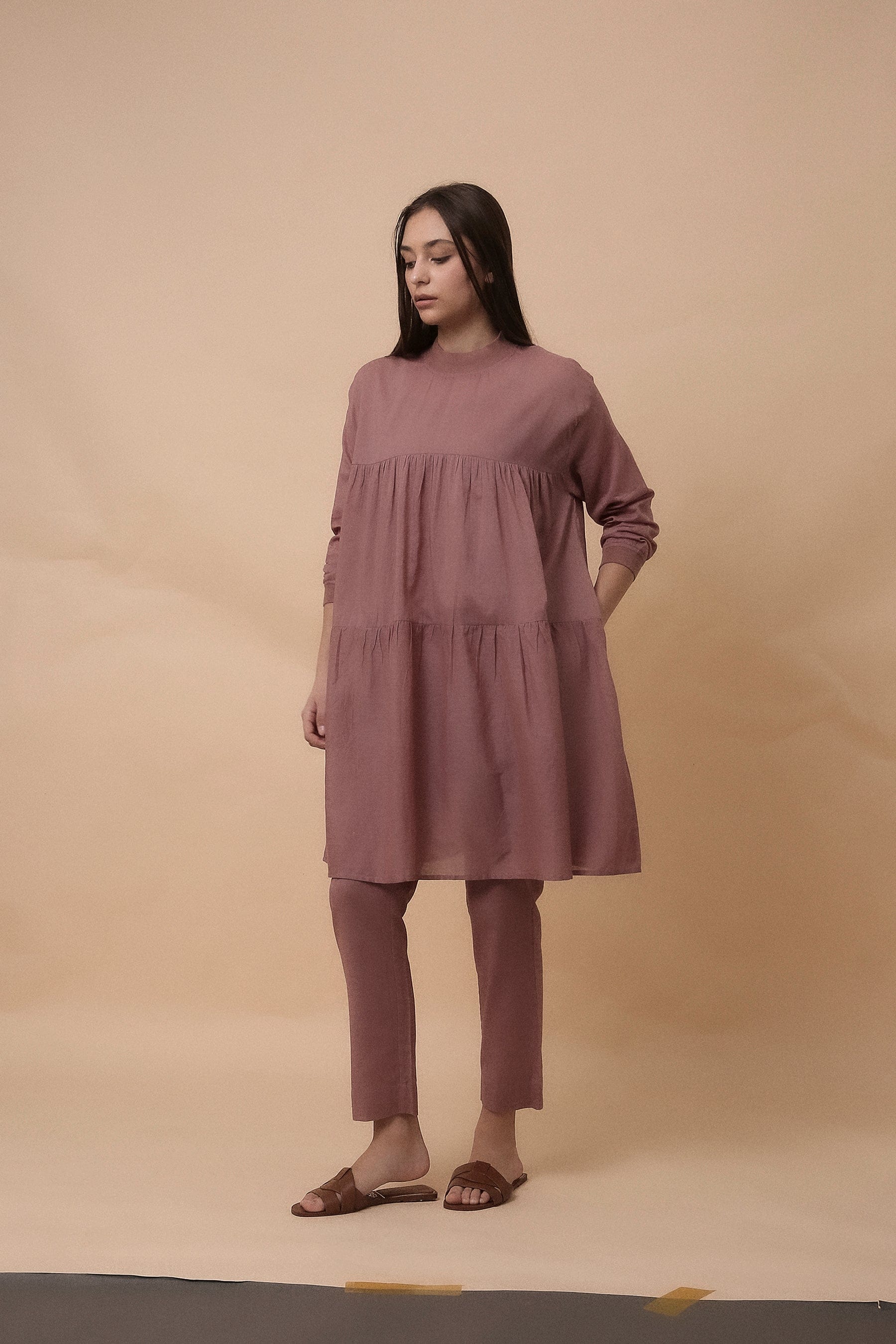 Handwoven cotton Rib Vena maxi dress co-ord set in blush with rib detailing, by MATI India