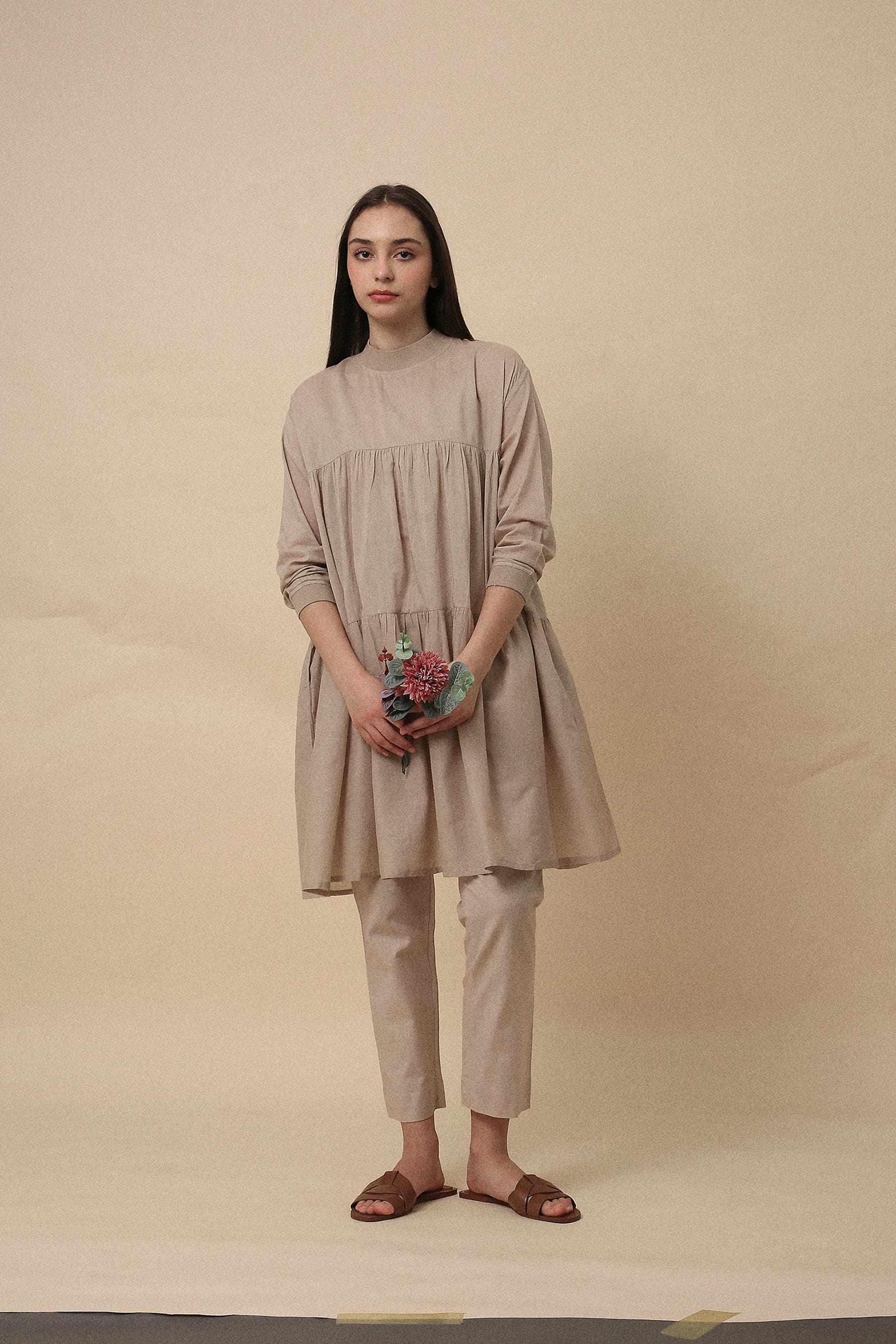 Handspun cotton mul oversized tunic co-ord set in sand with rib collar, camisole inner and narrow pants, by MATI India