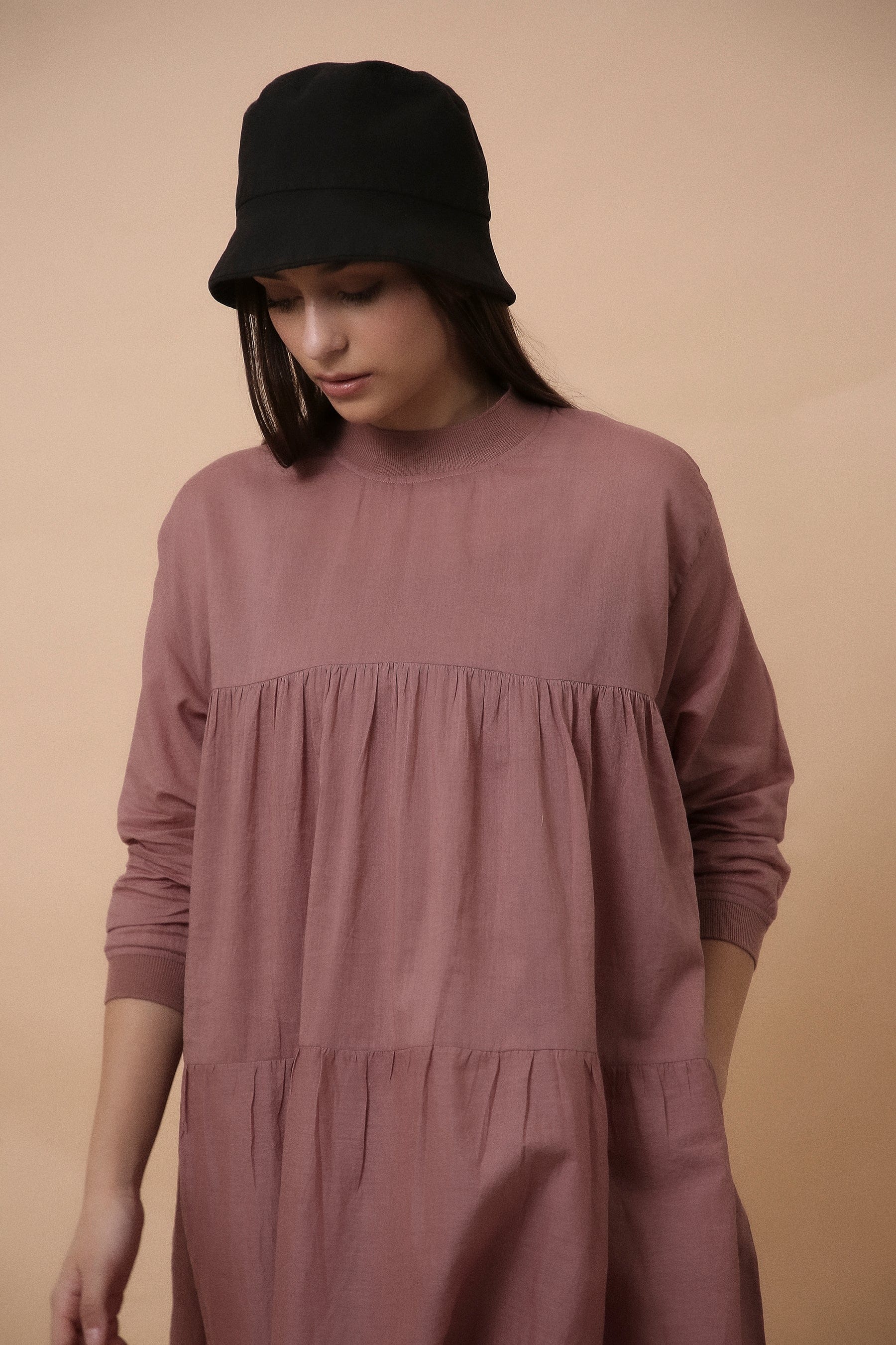 Handwoven cotton tiered rib vena dress in blush by Mati India