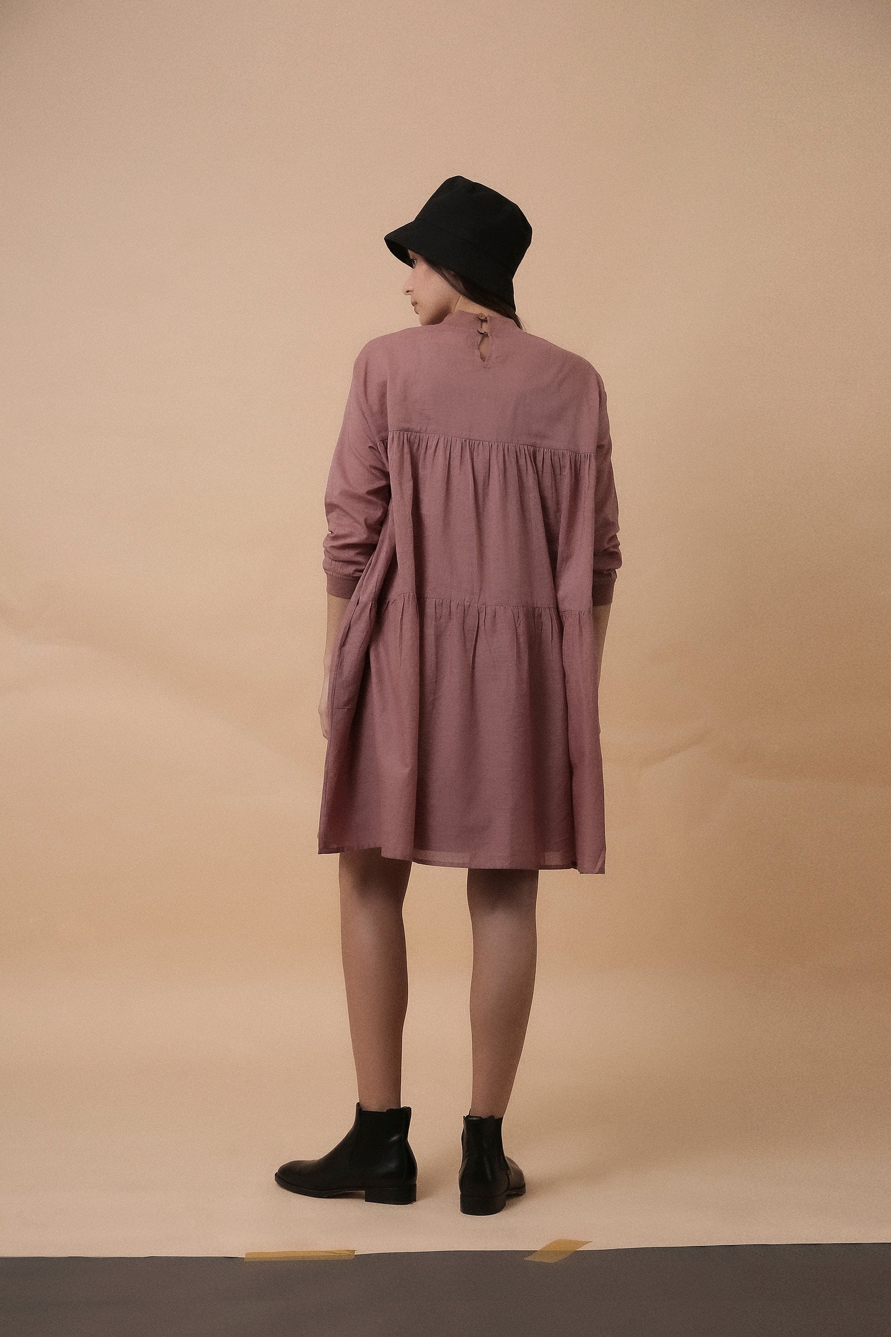 Handwoven cotton tiered rib vena dress in blush by Mati India