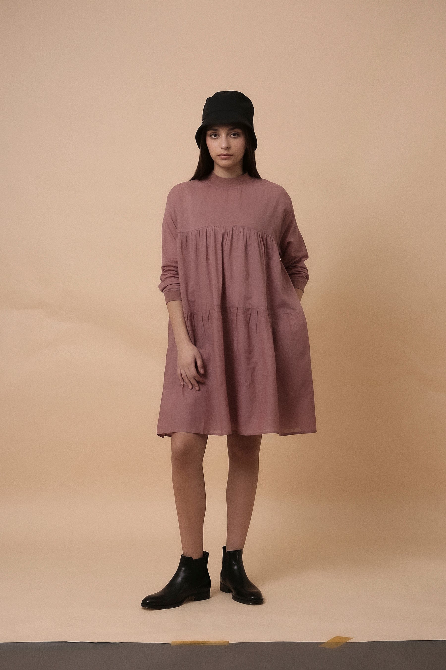 Handwoven cotton tiered rib vena dress in blush by Mati India