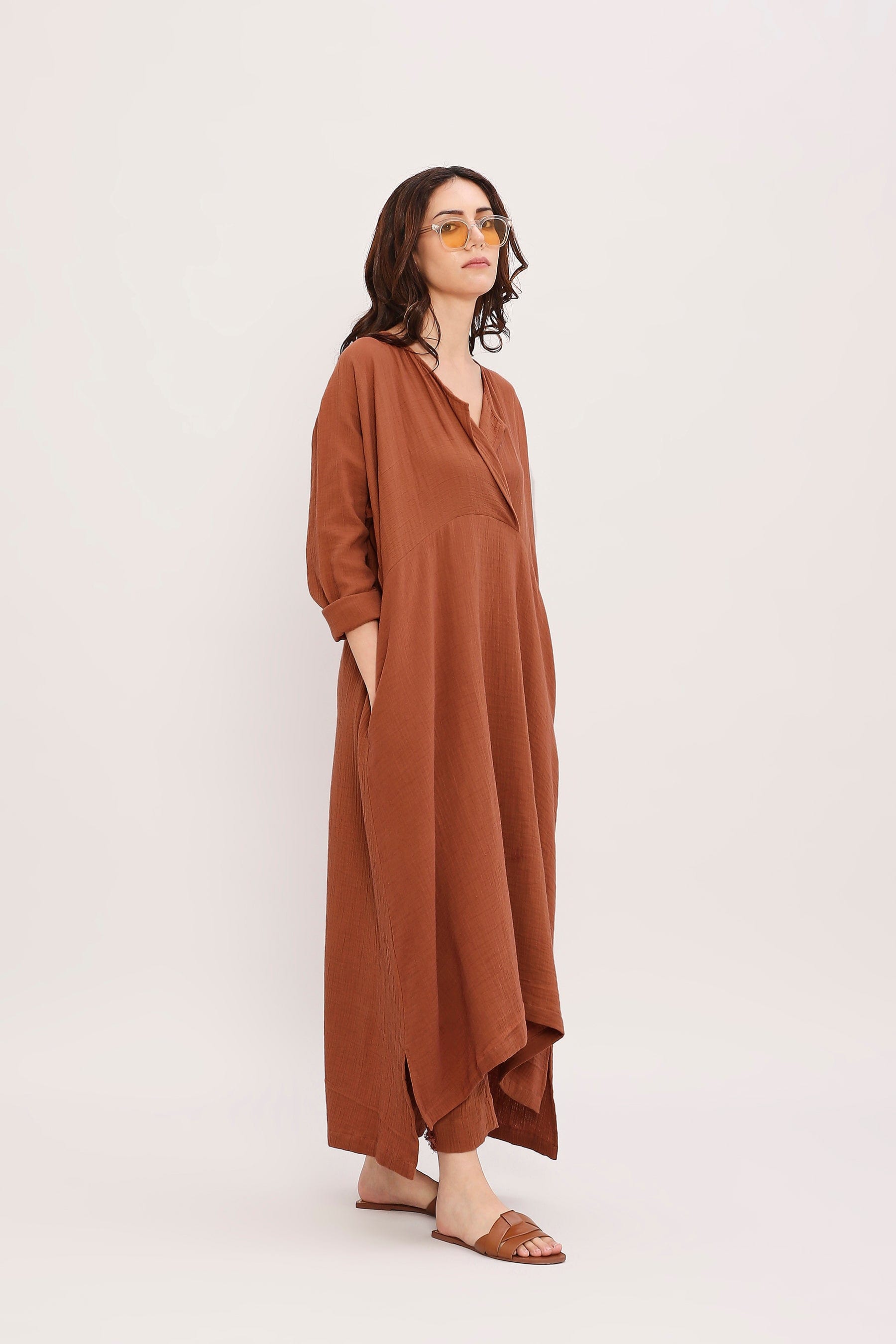 Mati Rust Brown Kaftan Tunic Co-Ord Set Side Profile View