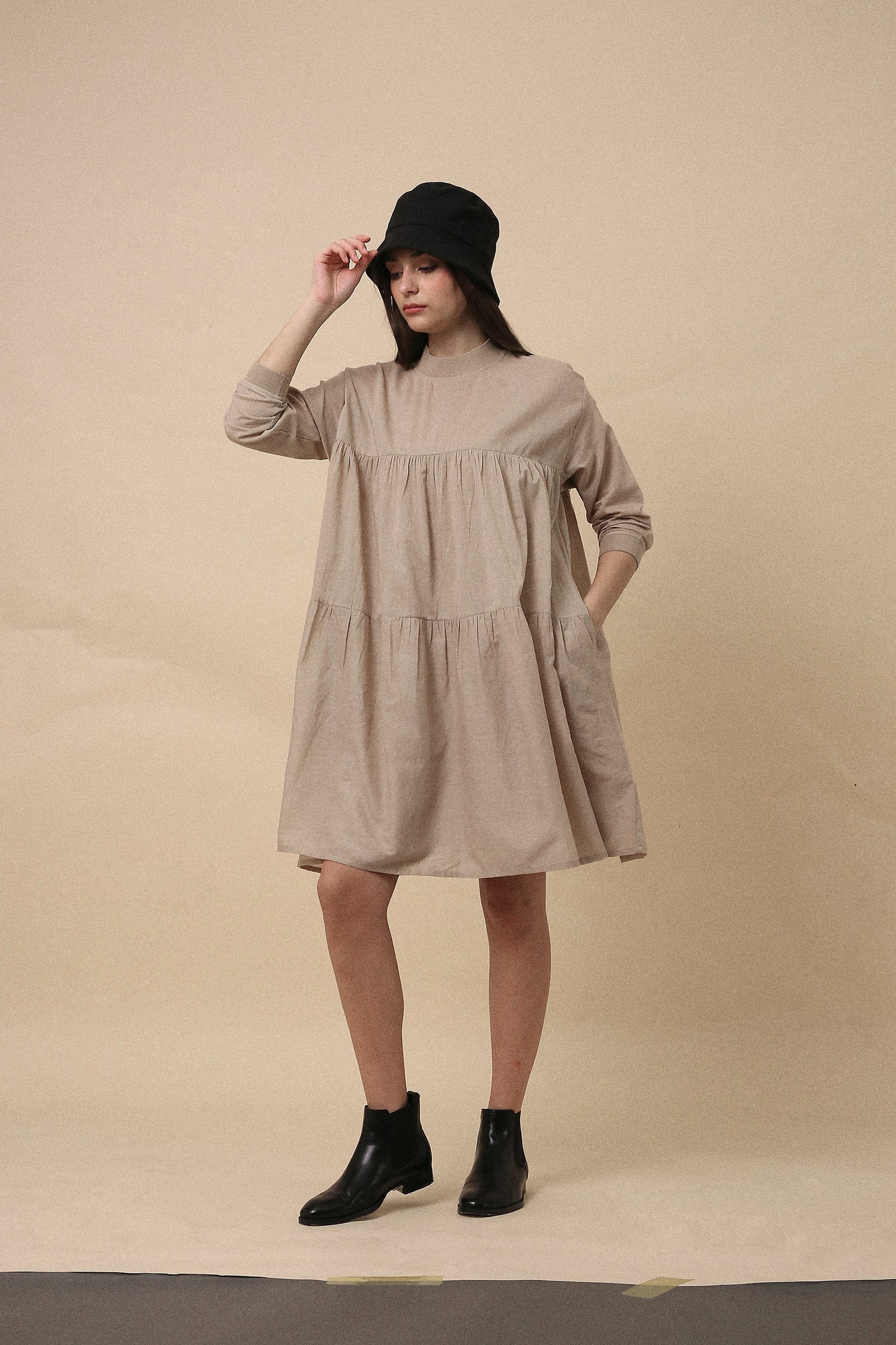 Oversized sand handwoven cotton rib vena dress – full length, size inclusive slow fashion India