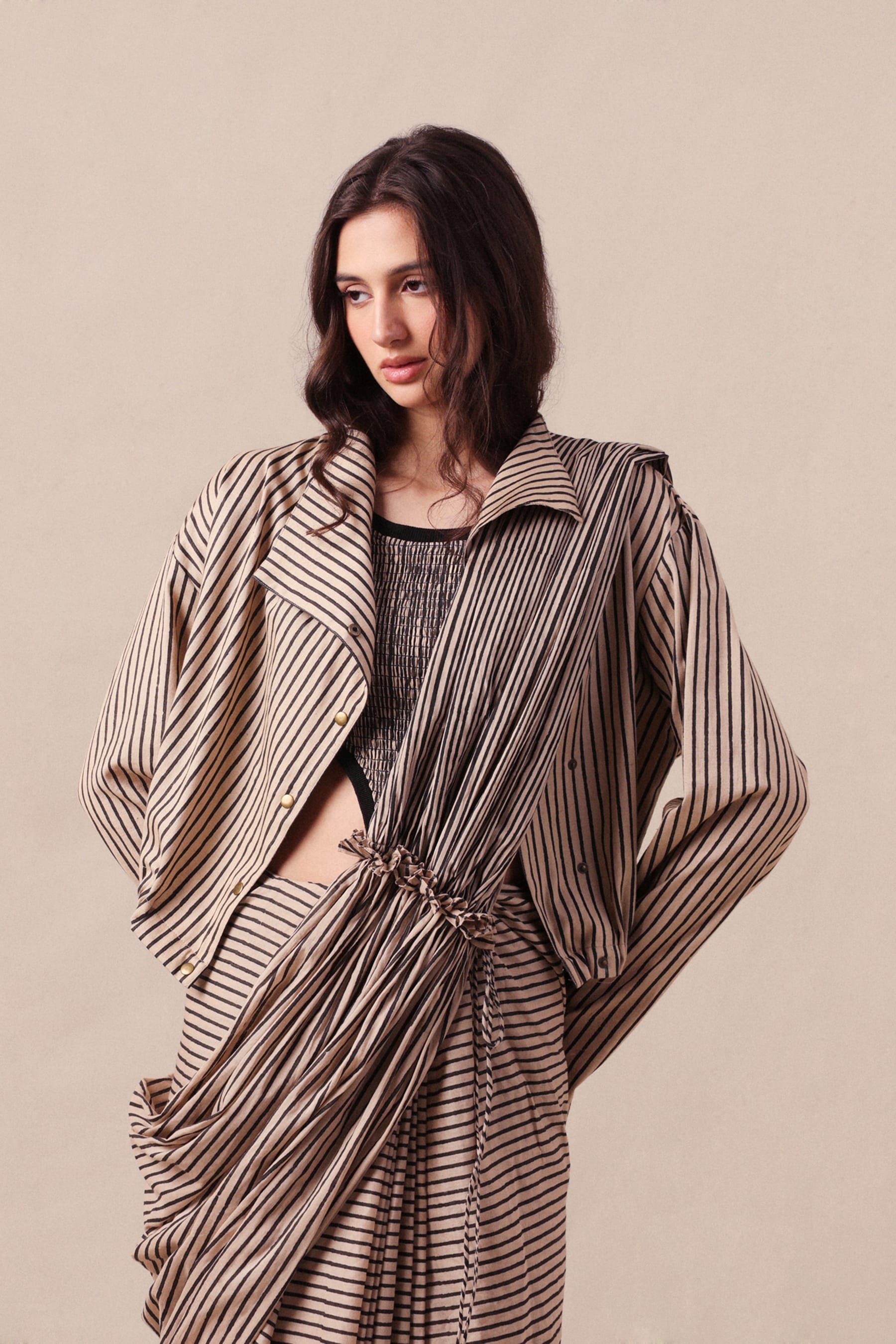 Mati SAREE Charcoal Striped Bodysuit Crop Jacket & Drawstring Mul Saree Set (3 PCS)