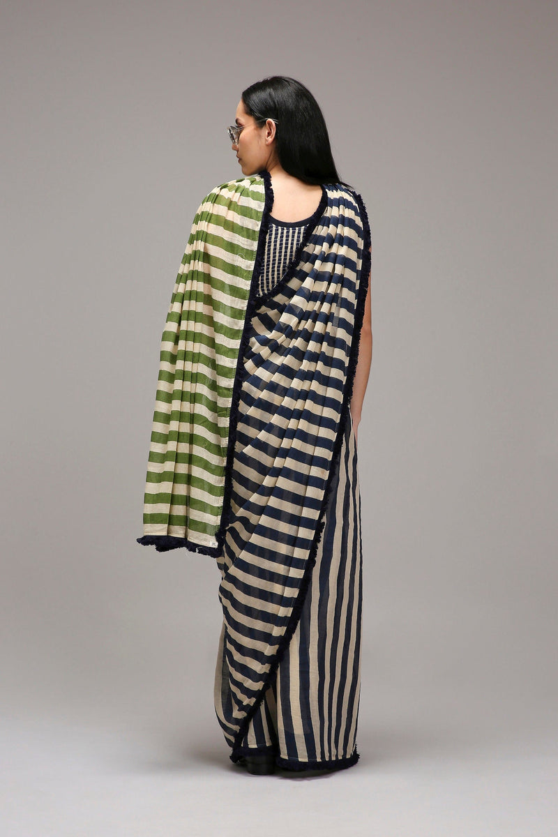 Mati SAREE Egg-Shell Blue Green Dual Striped Saree