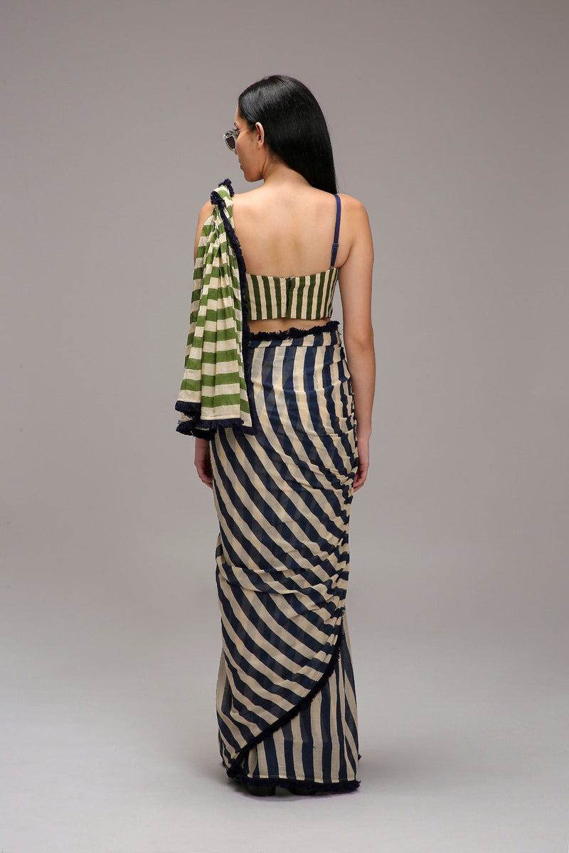 Mati SAREE Egg-Shell Blue Green Dual Striped Saree