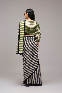 Mati SAREE Egg-Shell Blue Green Dual Striped Saree