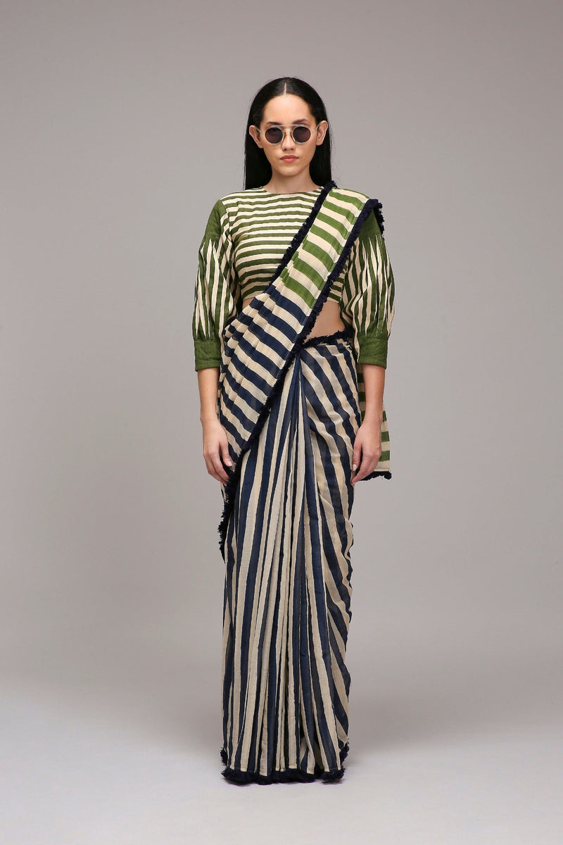 Mati SAREE Egg-Shell Blue Green Dual Striped Saree