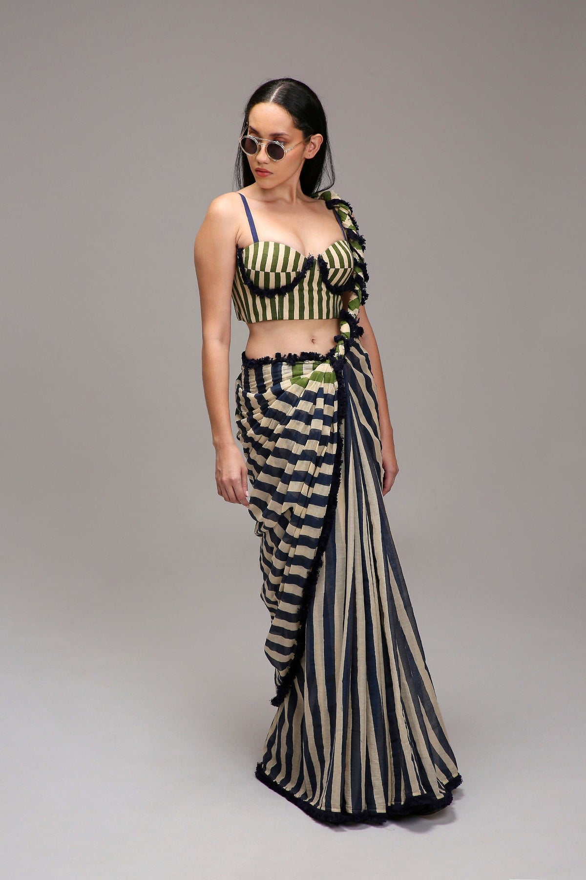 Mati SAREE Egg-Shell Corset & Dual Striped Saree Set (2 PCS)