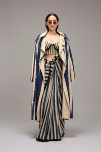 Mati SAREE Egg-Shell Corset with Trench & Dual Striped Saree Set (3 PCS)