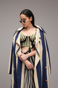 Mati SAREE Egg-Shell Corset with Trench & Dual Striped Saree Set (3 PCS)