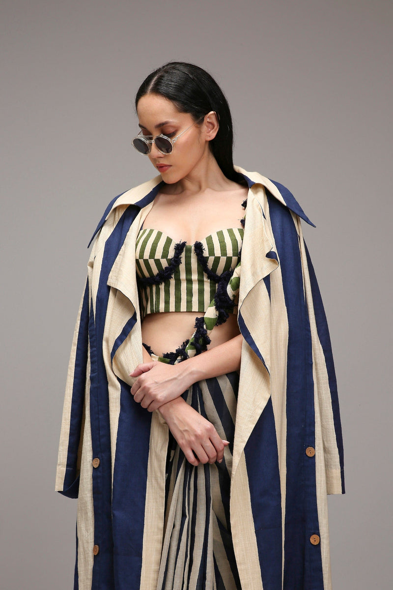 Mati SAREE Egg-Shell Corset with Trench & Dual Striped Saree Set (3 PCS)