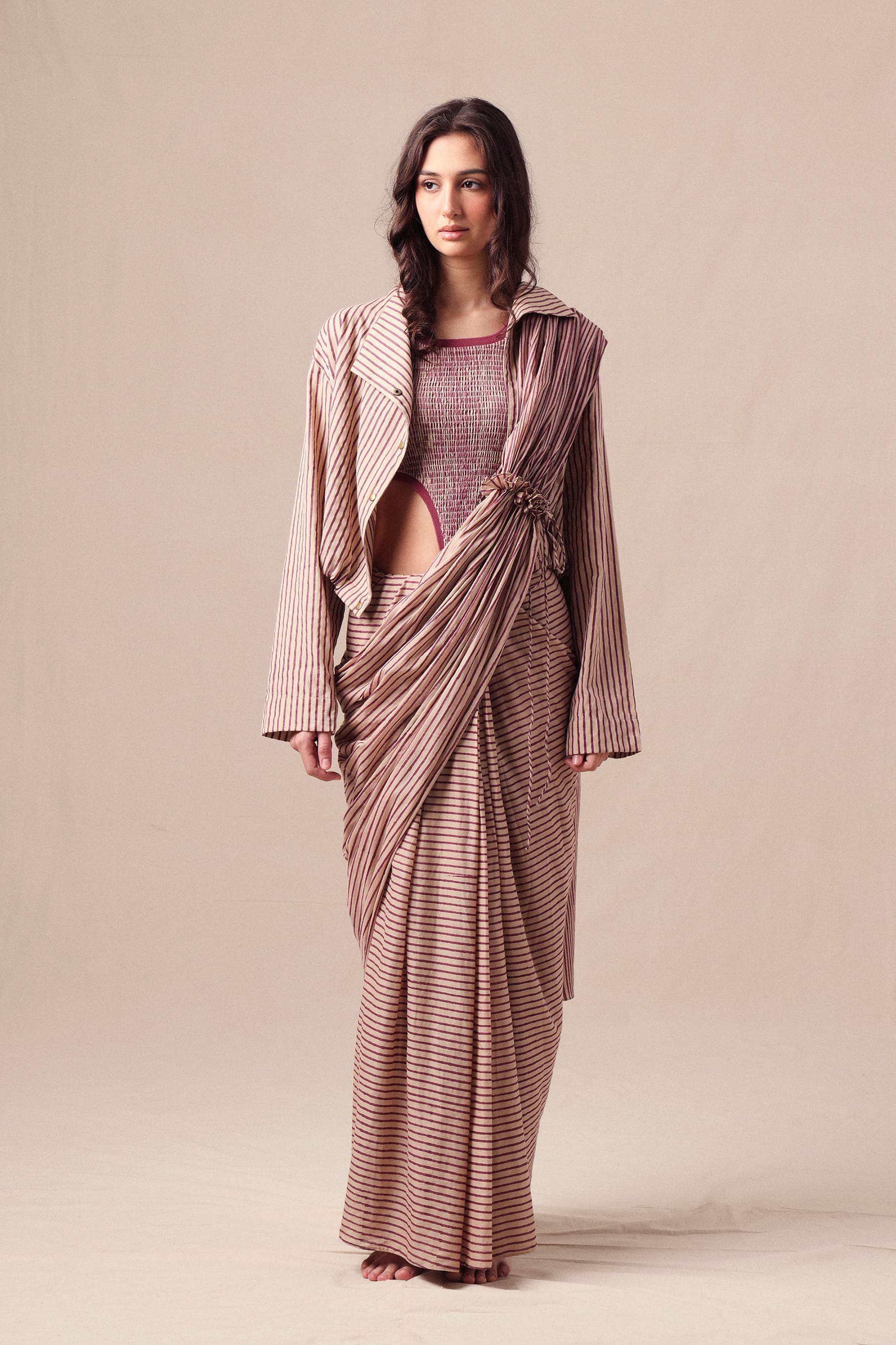 Mati SAREE Mauve Striped Bodysuit Crop Jacket & Drawstring Mul Saree Set (3 PCS)