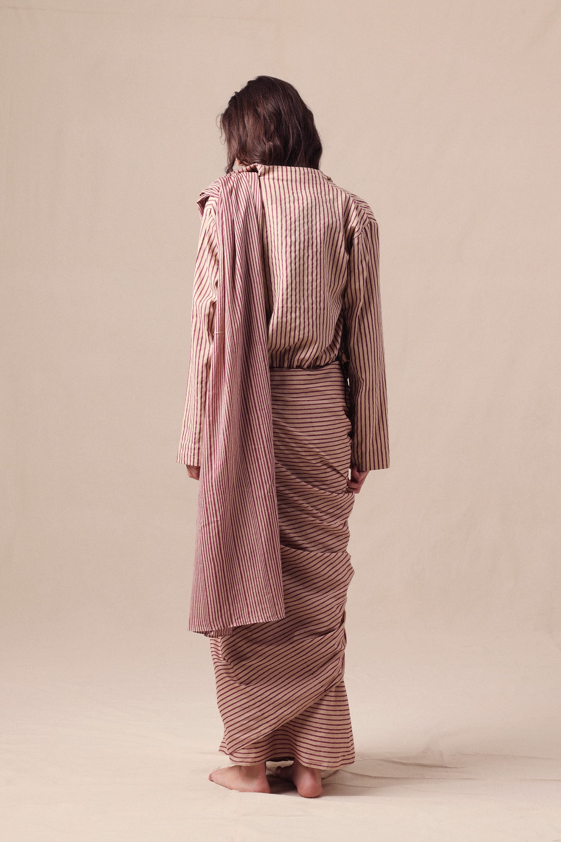 Mati SAREE Mauve Striped Bodysuit Crop Jacket & Drawstring Mul Saree Set (3 PCS)