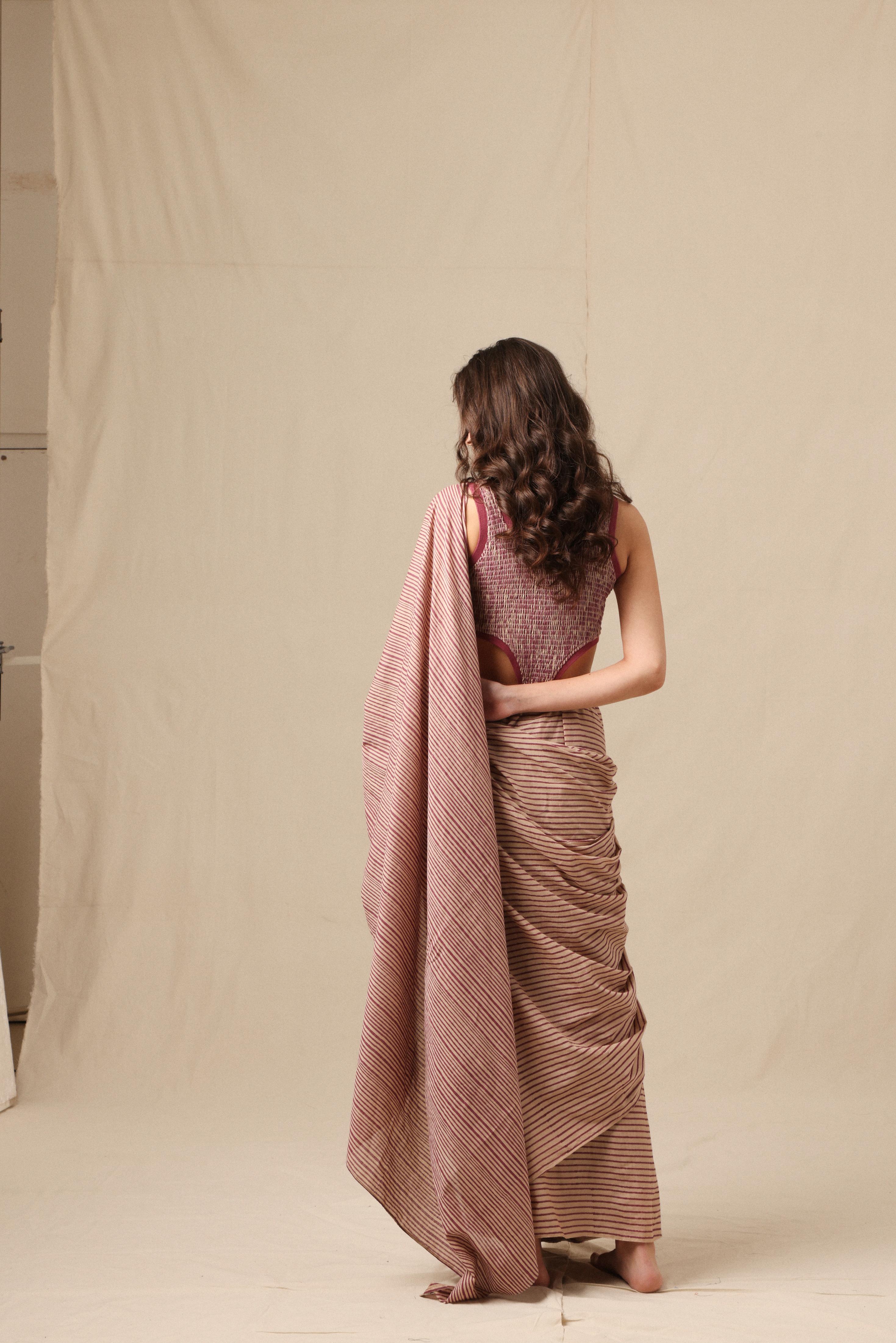 Mati SAREE Mauve Striped Bodysuit & Drawstring Mul Saree Set (2 PCS)