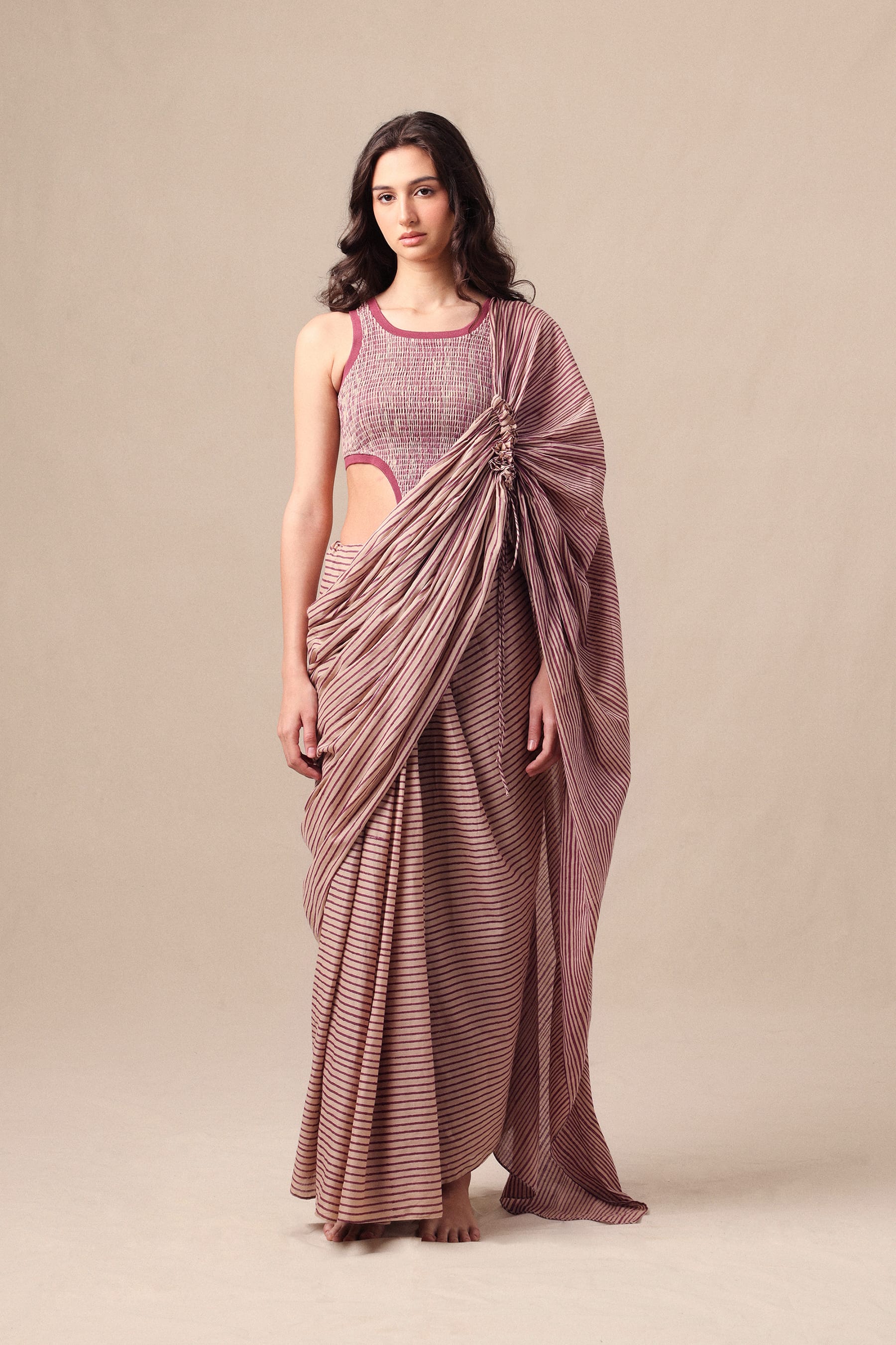 Mati SAREE Mauve Striped Bodysuit & Drawstring Mul Saree Set (2 PCS)