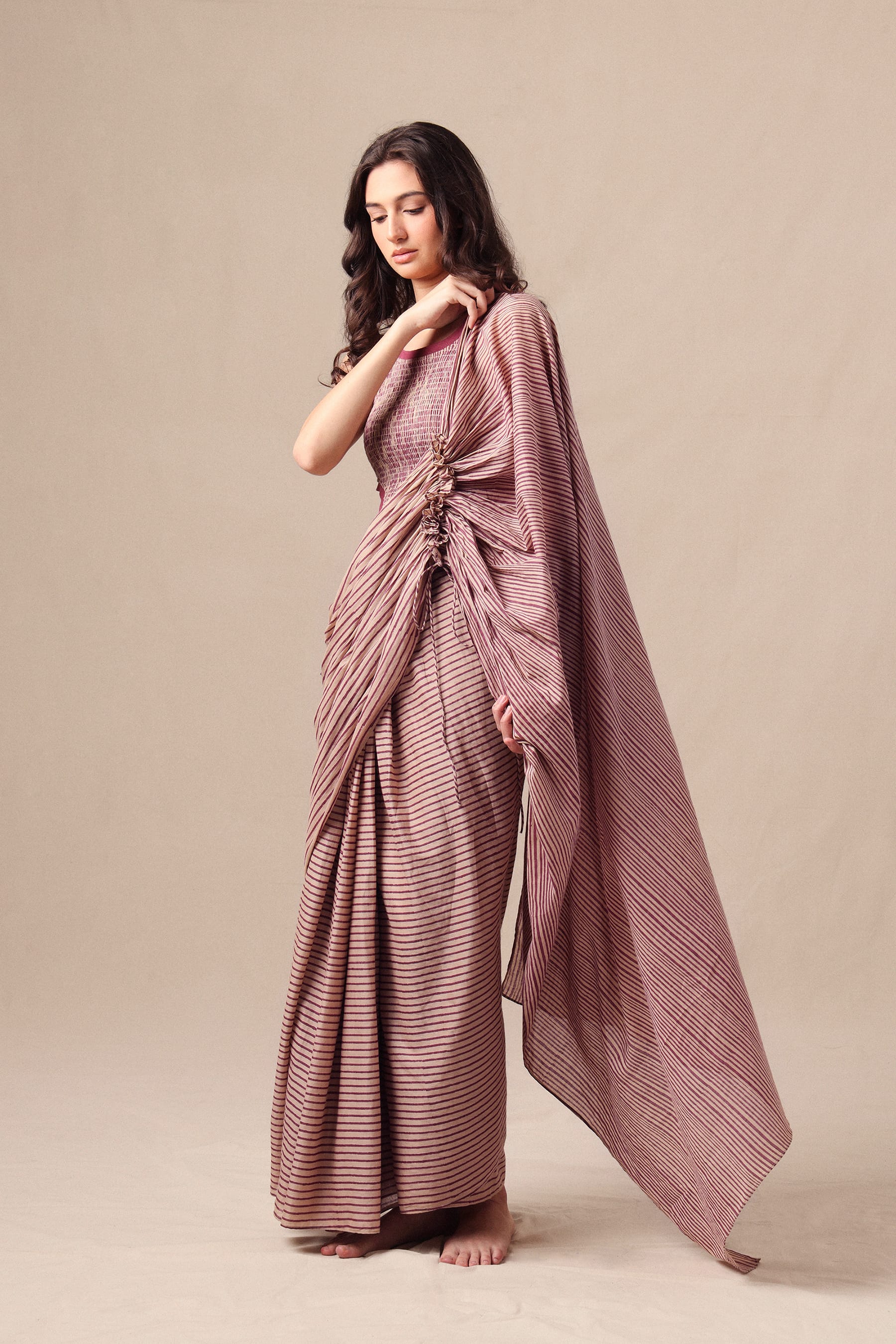 Mati SAREE Mauve Striped Bodysuit & Drawstring Mul Saree Set (2 PCS)