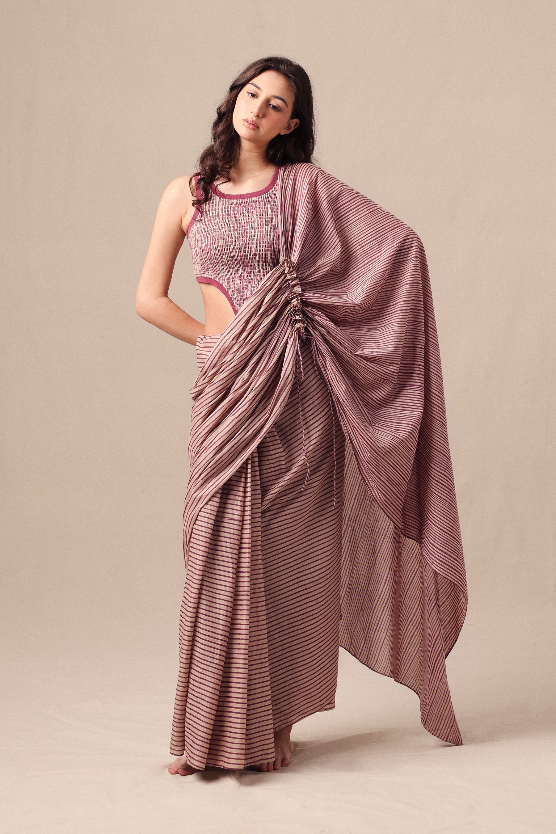 Mati SAREE Mauve Striped Bodysuit & Drawstring Mul Saree Set (2 PCS)