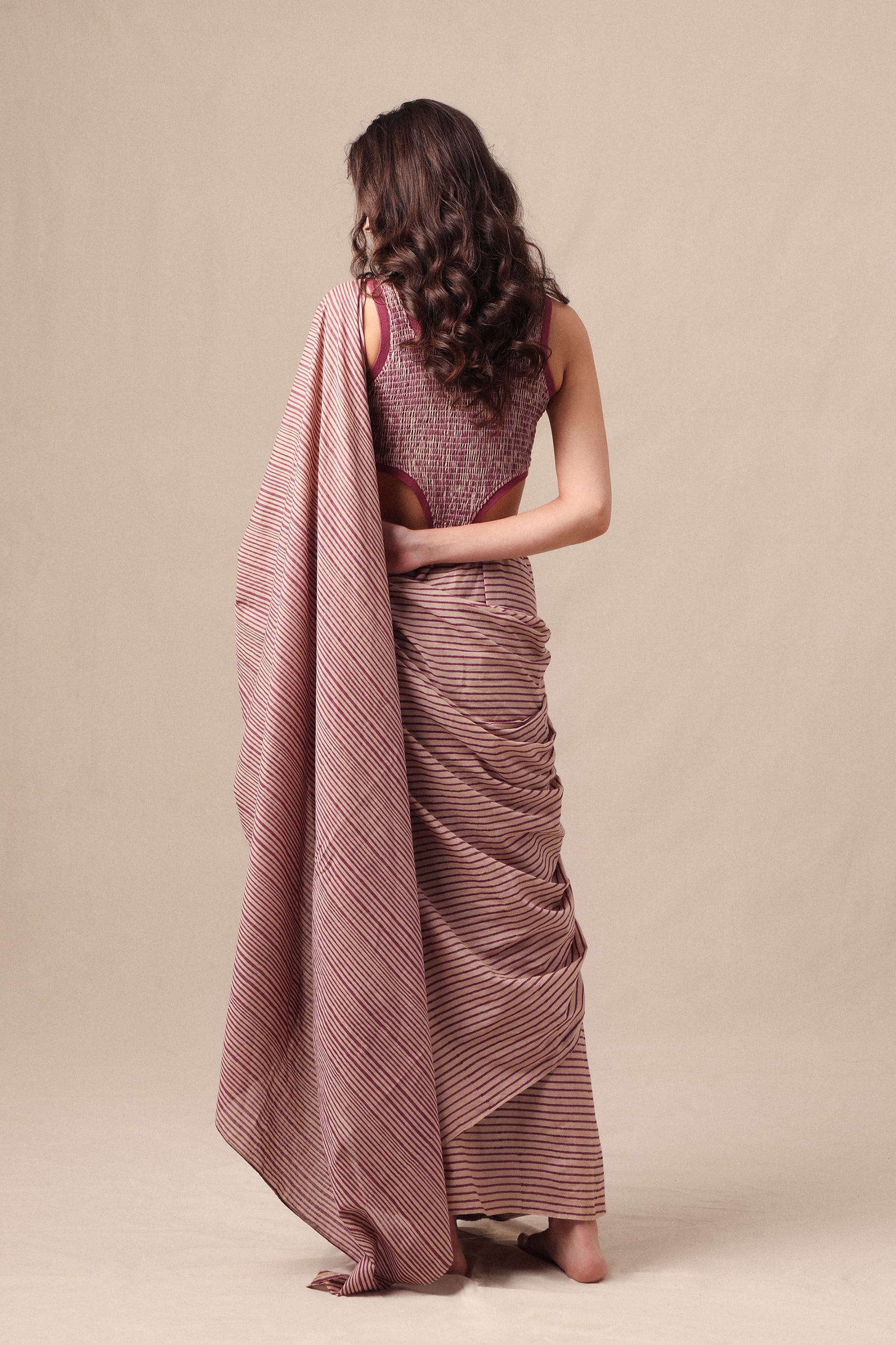 Mati SAREE Mauve Striped Drawstring Mul Saree