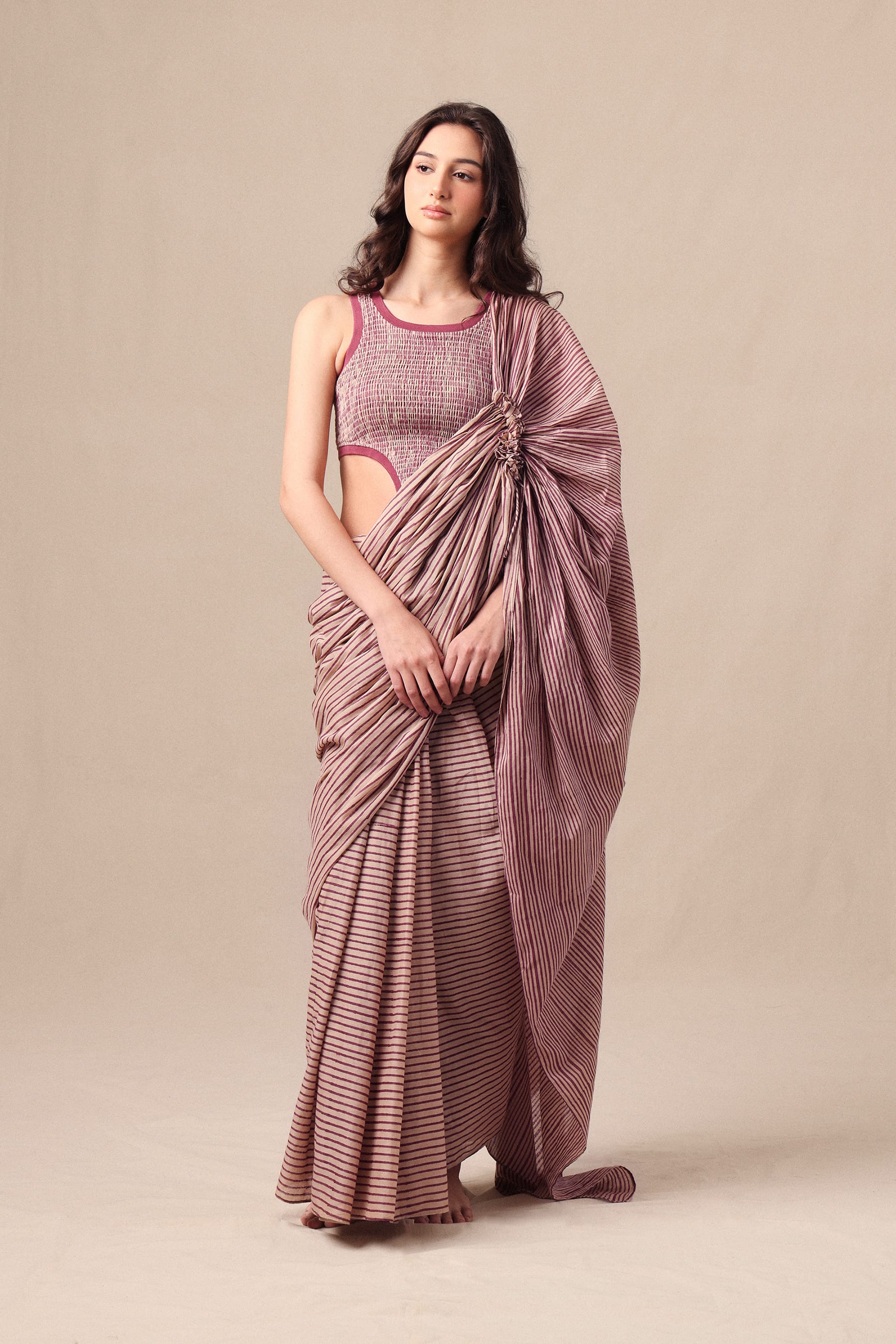 Mati SAREE Mauve Striped Drawstring Mul Saree