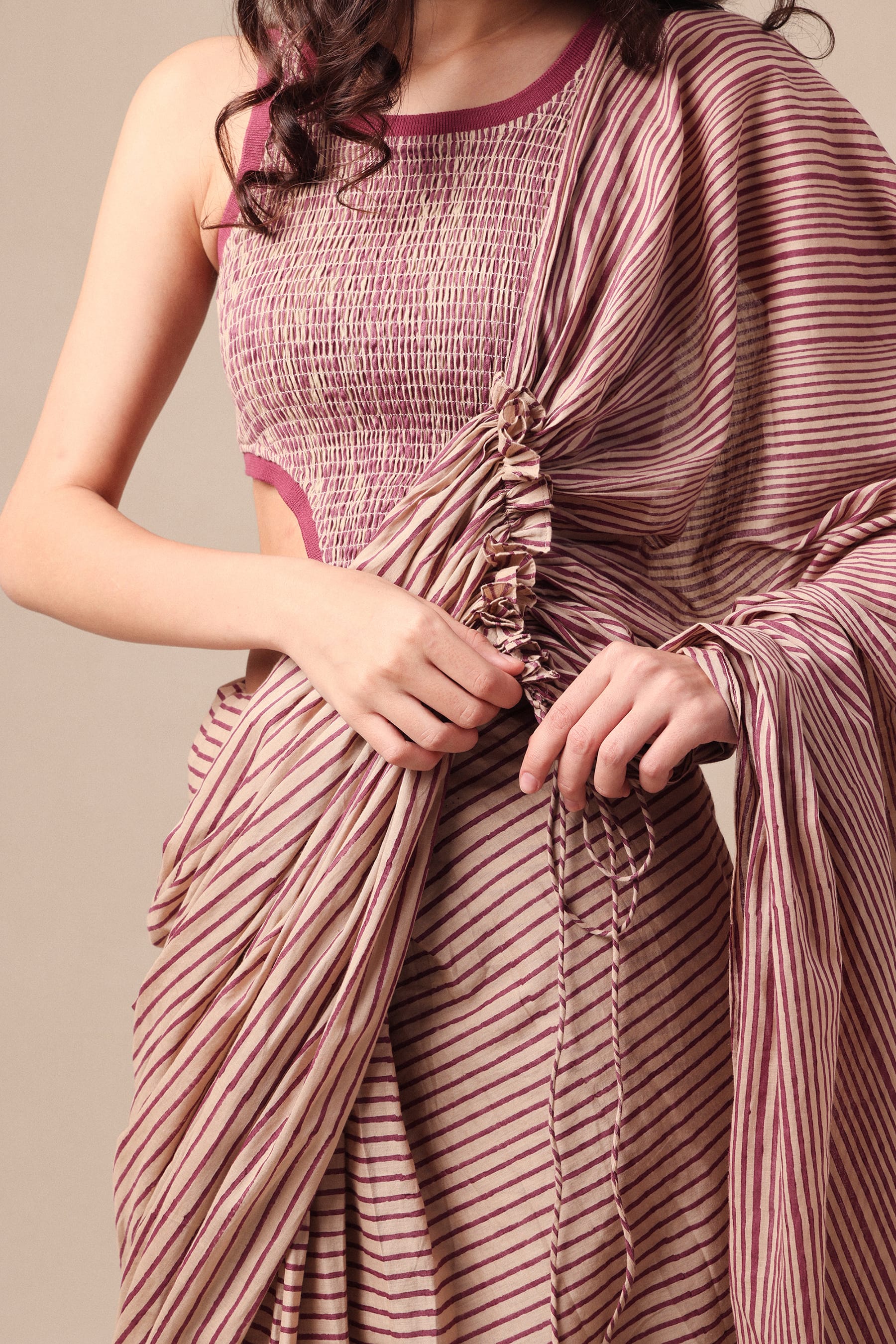 Mati SAREE Mauve Striped Drawstring Mul Saree