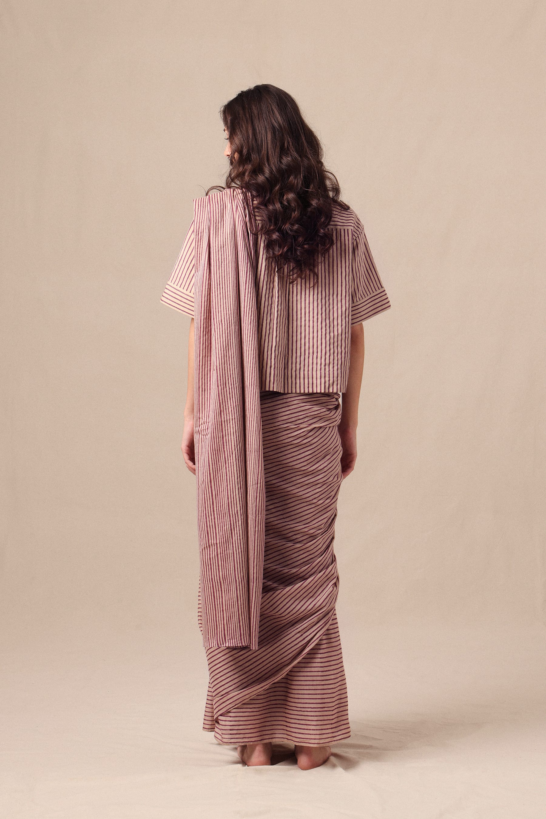 Mati SAREE Mauve Striped Ekin Shirt & Drawstring Mul Saree Set (2 PCS)