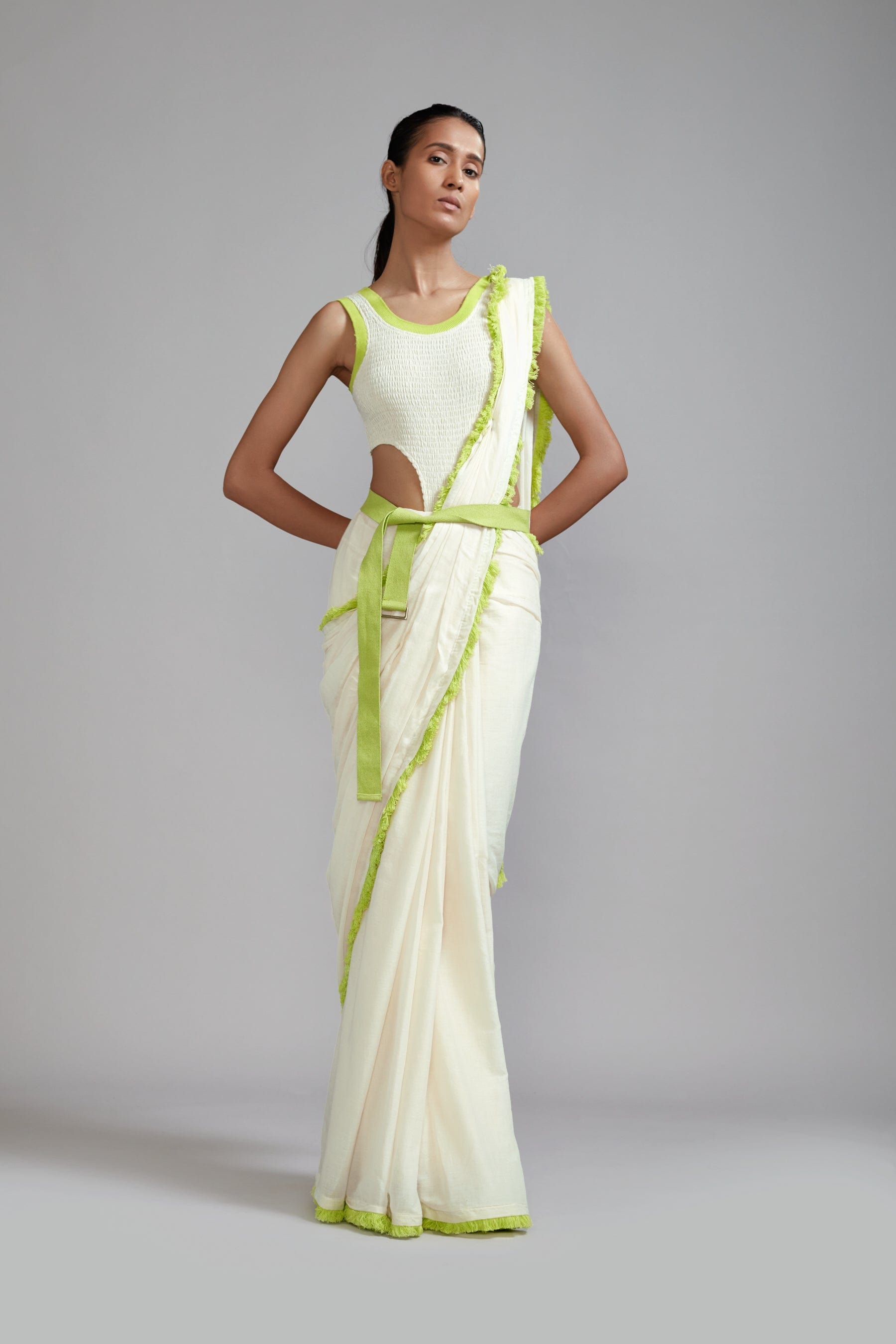 Mati SAREE Off-White with Neon Green Fringed Saree