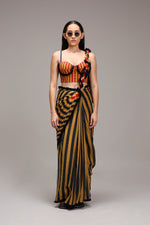 Mati SAREE Tan-Brown Blue Red Dual Striped Saree