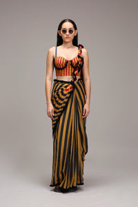 Mati SAREE Tan-Brown Blue Red Dual Striped Saree