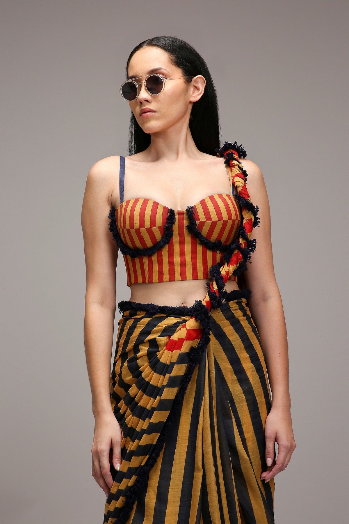 Mati SAREE Tan-Brown Blue Red Dual Striped Saree