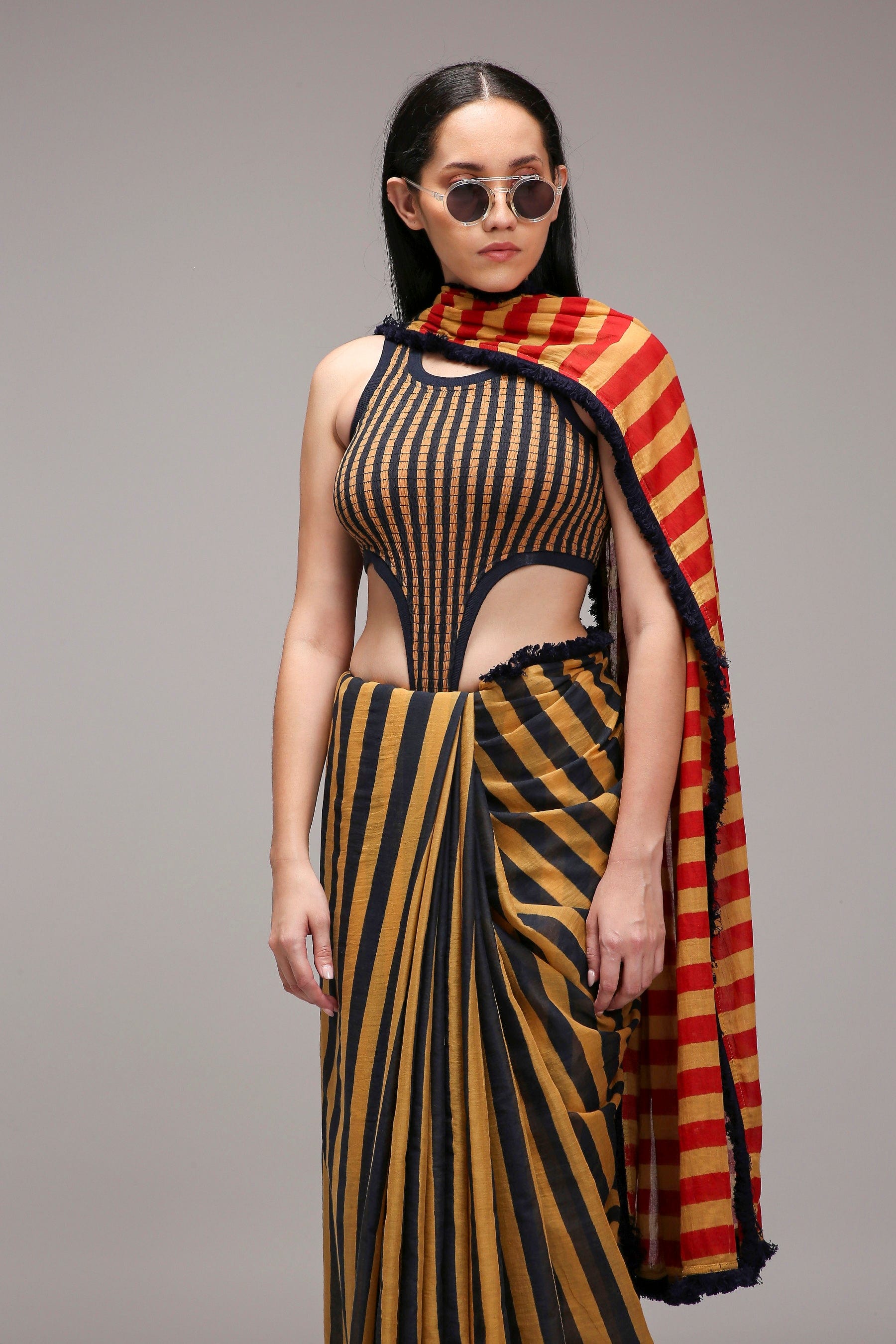 Mati SAREE Tan-Brown Blue Red Dual Striped Saree