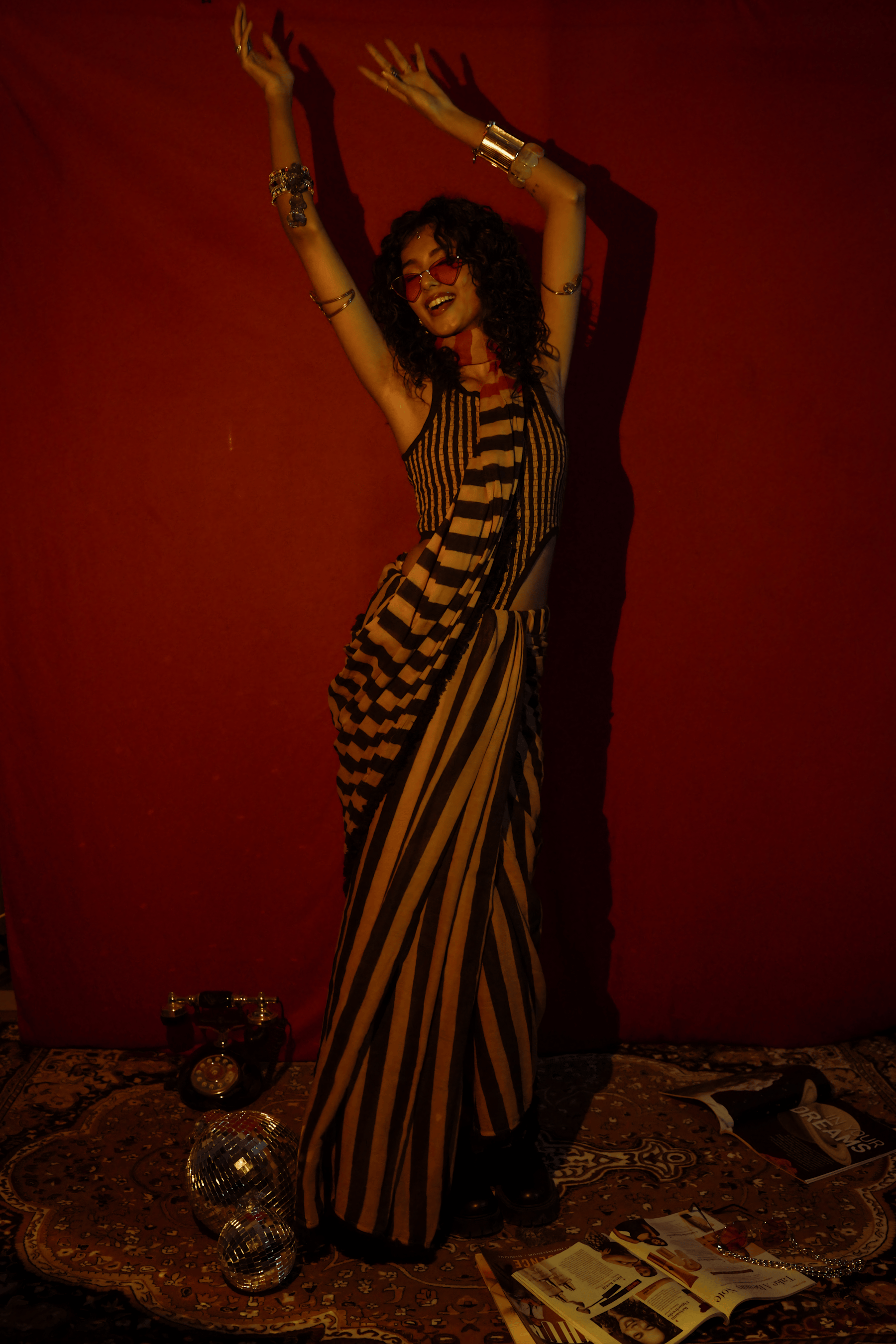 Mati SAREE Tan-Brown Bodysuit & Dual Striped Saree Set (2 PCS)