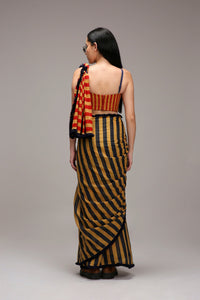 Mati SAREE Tan-Brown Corset & Dual Striped Saree Set (2 PCS)