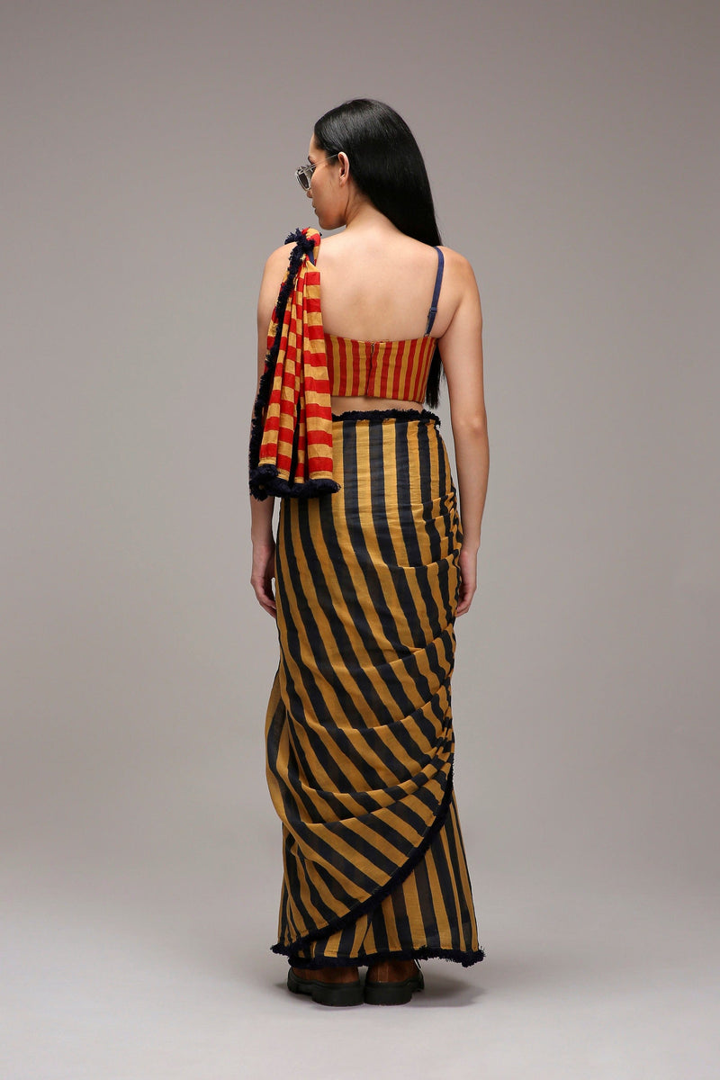 Mati SAREE Tan-Brown Corset & Dual Striped Saree Set (2 PCS)