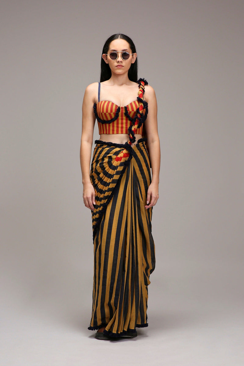 Mati SAREE Tan-Brown Corset & Dual Striped Saree Set (2 PCS)