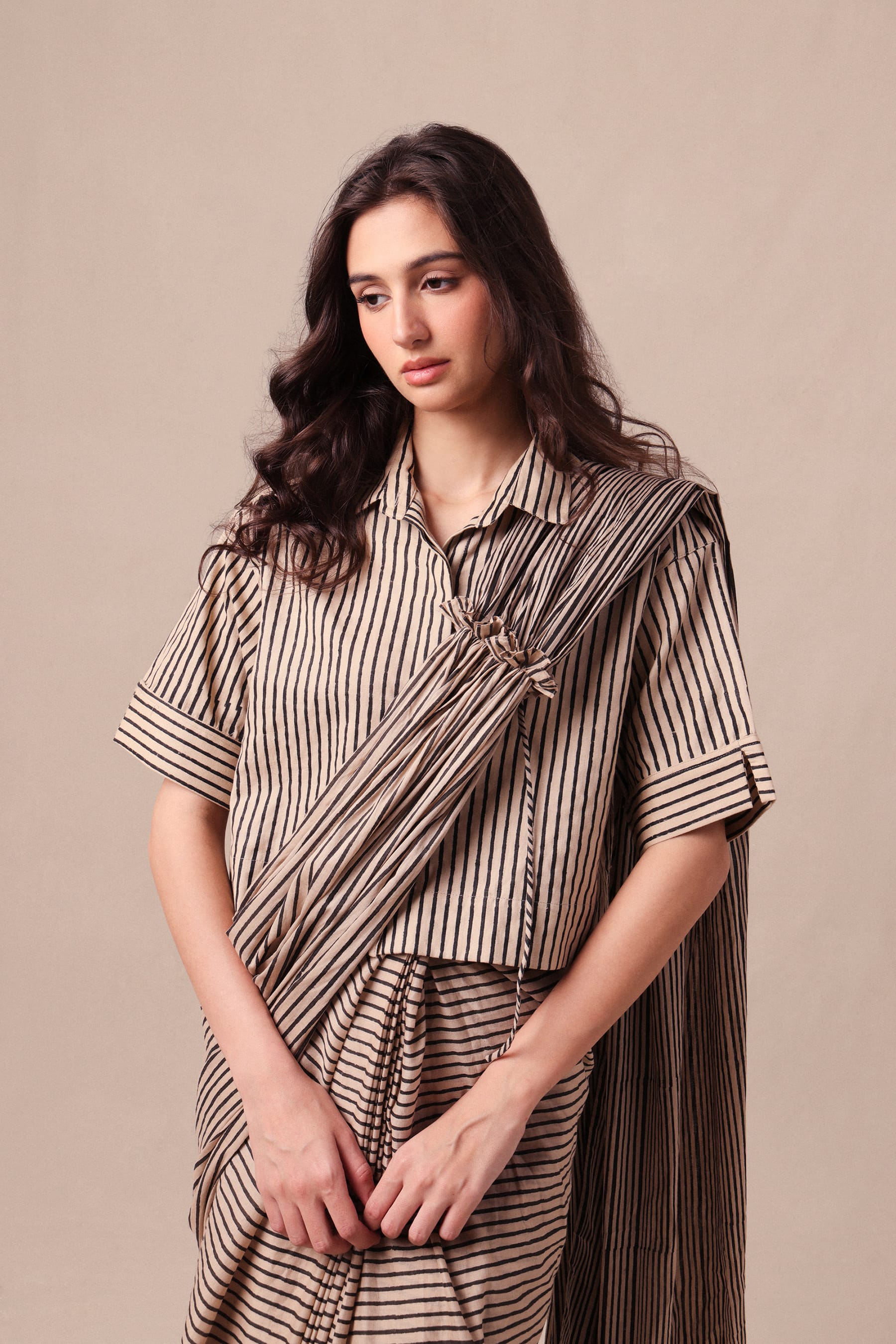 Mati SAREE XS Charcoal Striped Ekin Shirt & Drawstring Mul Saree Set (2 PCS)