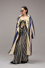 Mati SAREE XS Egg-Shell Corset with Trench & Dual Striped Saree Set (3 PCS)