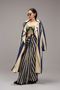 Mati SAREE XS Egg-Shell Corset with Trench & Dual Striped Saree Set (3 PCS)