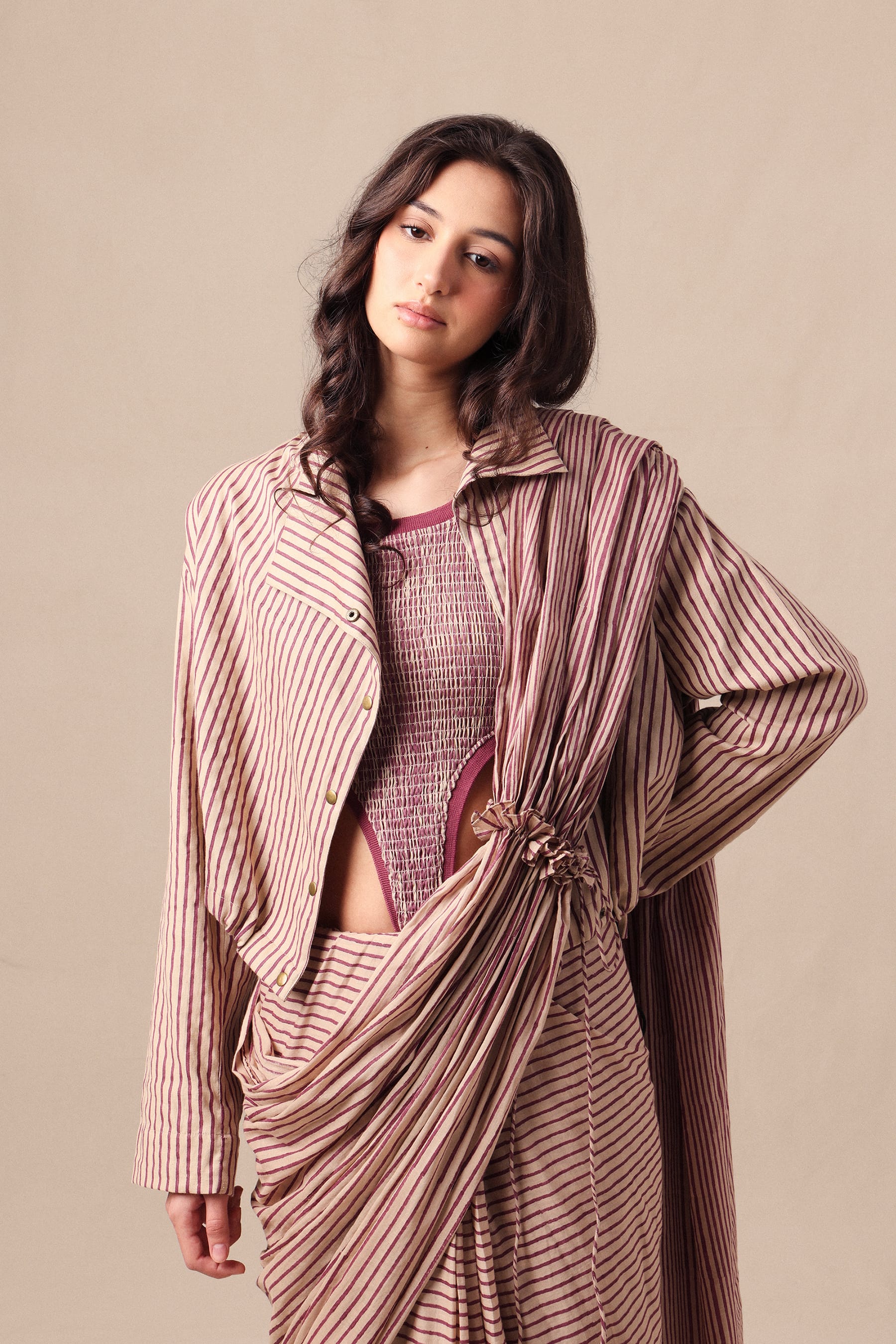 Mati SAREE XS Mauve Striped Bodysuit Crop Jacket & Drawstring Mul Saree Set (3 PCS)