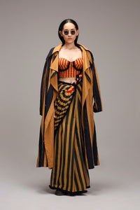 Mati SAREE XS Tan-Brown Corset with Trench Jacket & Dual Striped Saree Set (3 PCS)
