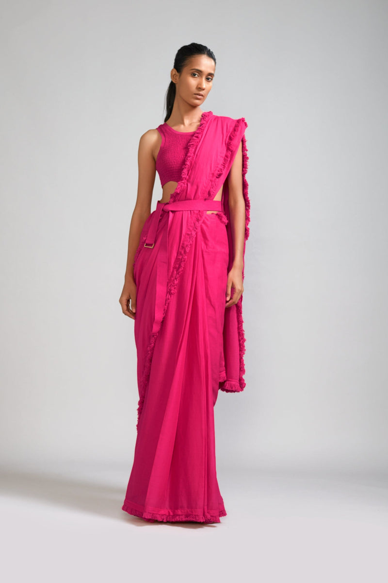 Mati Separates Pink Fringed Saree & Smocked Bodysuit Set (2 PCS)