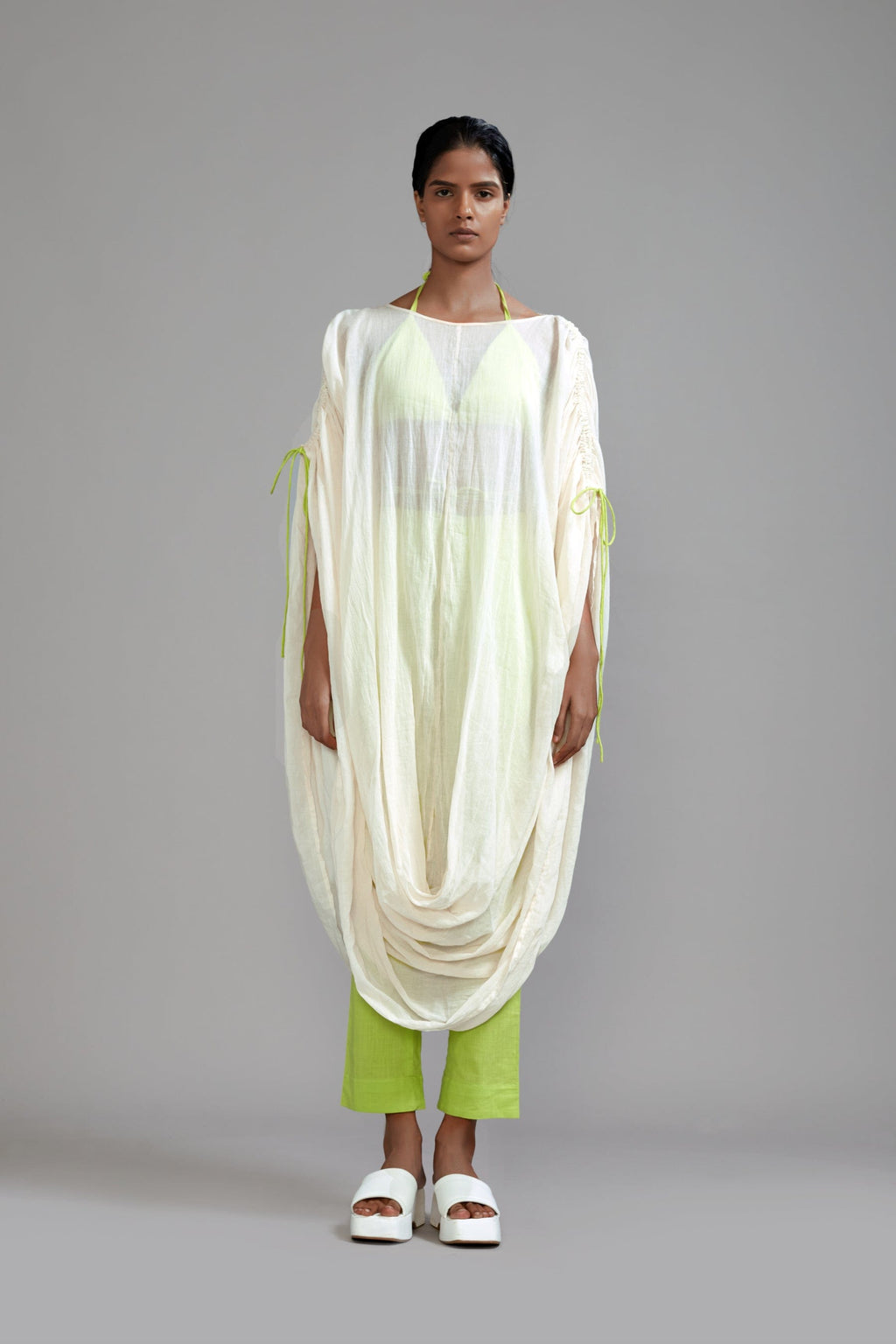 Mati Separates XS Off-White with Neon Green Gathered Cowl Tunic