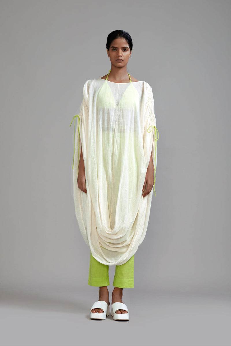 Mati Separates XS Off-White with Neon Green Gathered Cowl Tunic