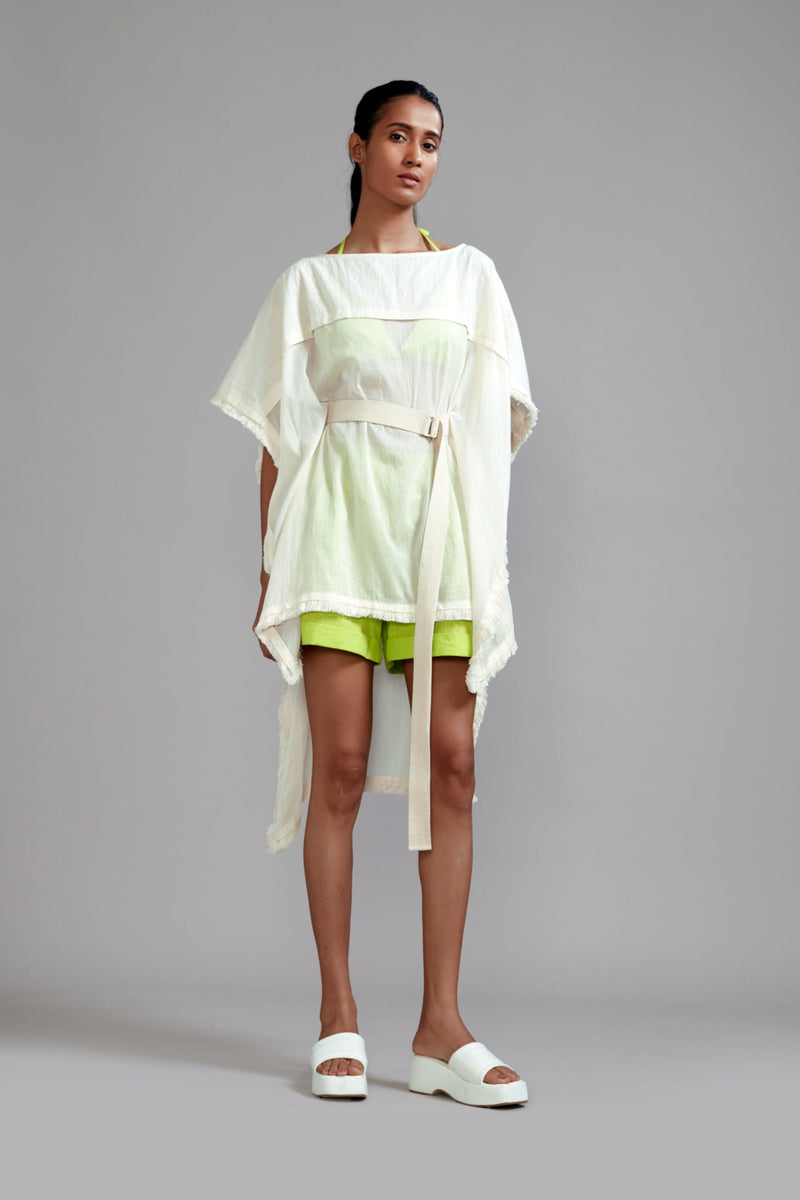 Mati SEPERATES Off-White wIth Neon Green Fringed Kaftan
