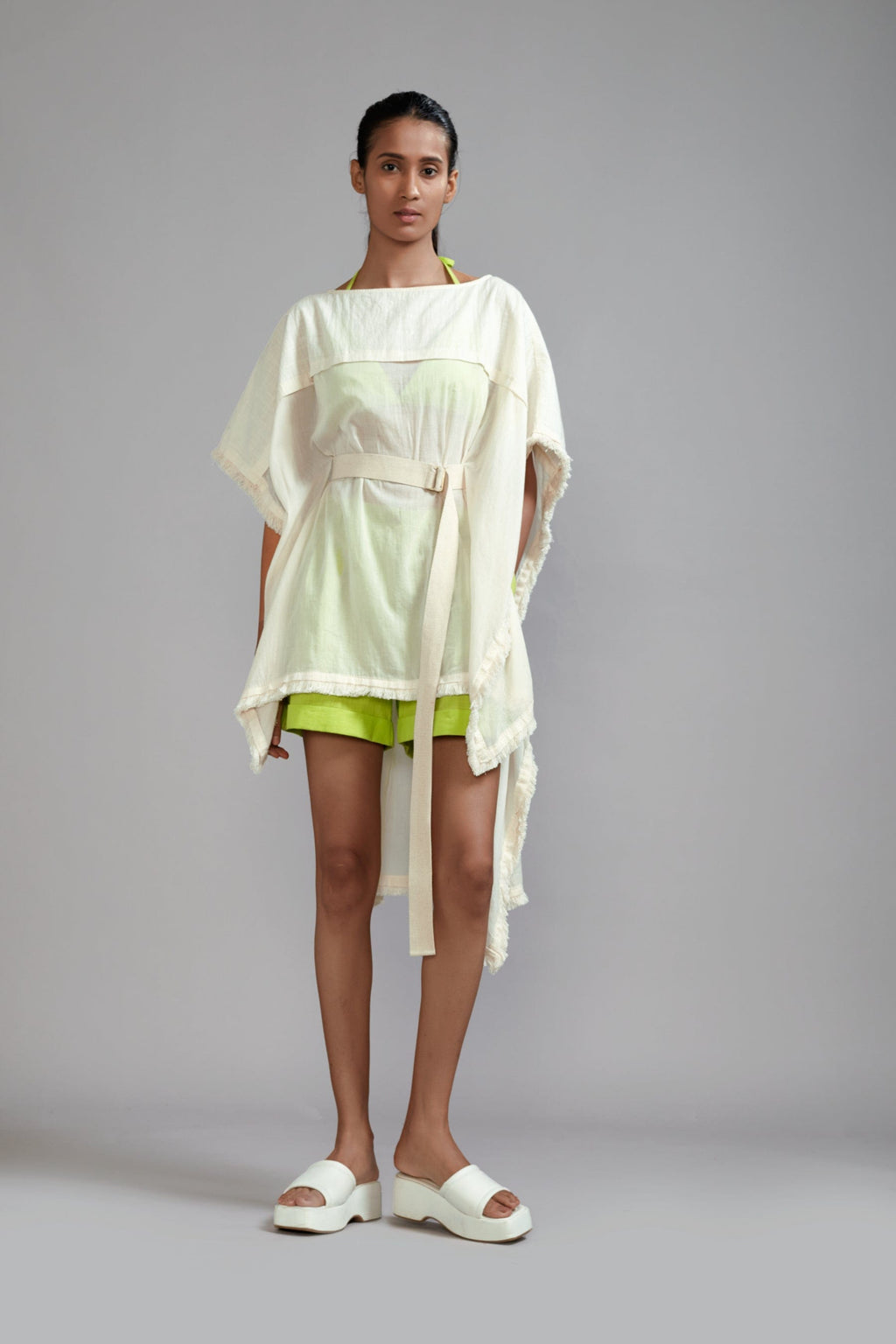 Mati SET XS Off-White wIth Neon Green Fringed Kaftan Co-Ords (3 PCS)
