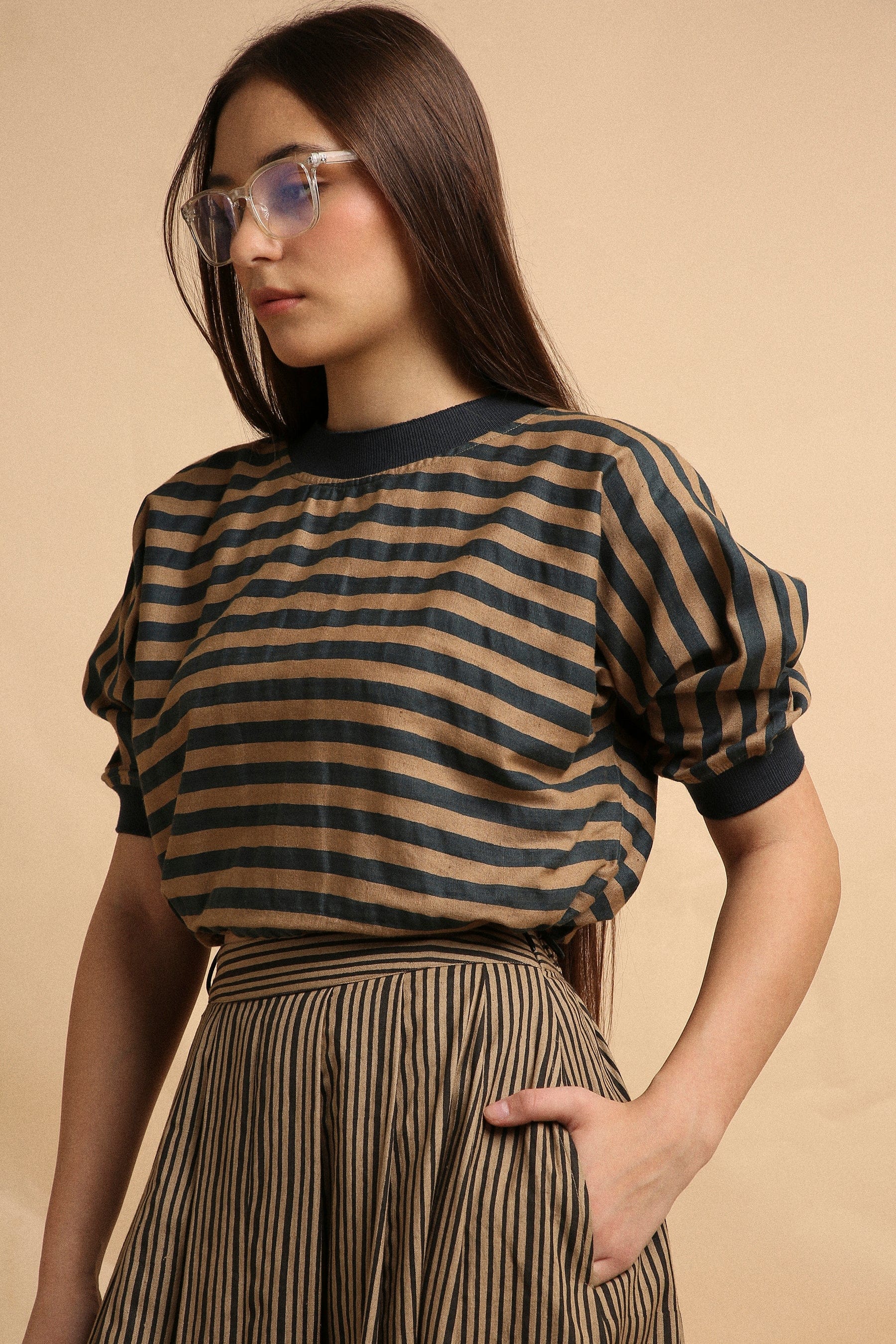 Mati Shirts & Tops Brown Med Striped New Sphara Crop Top